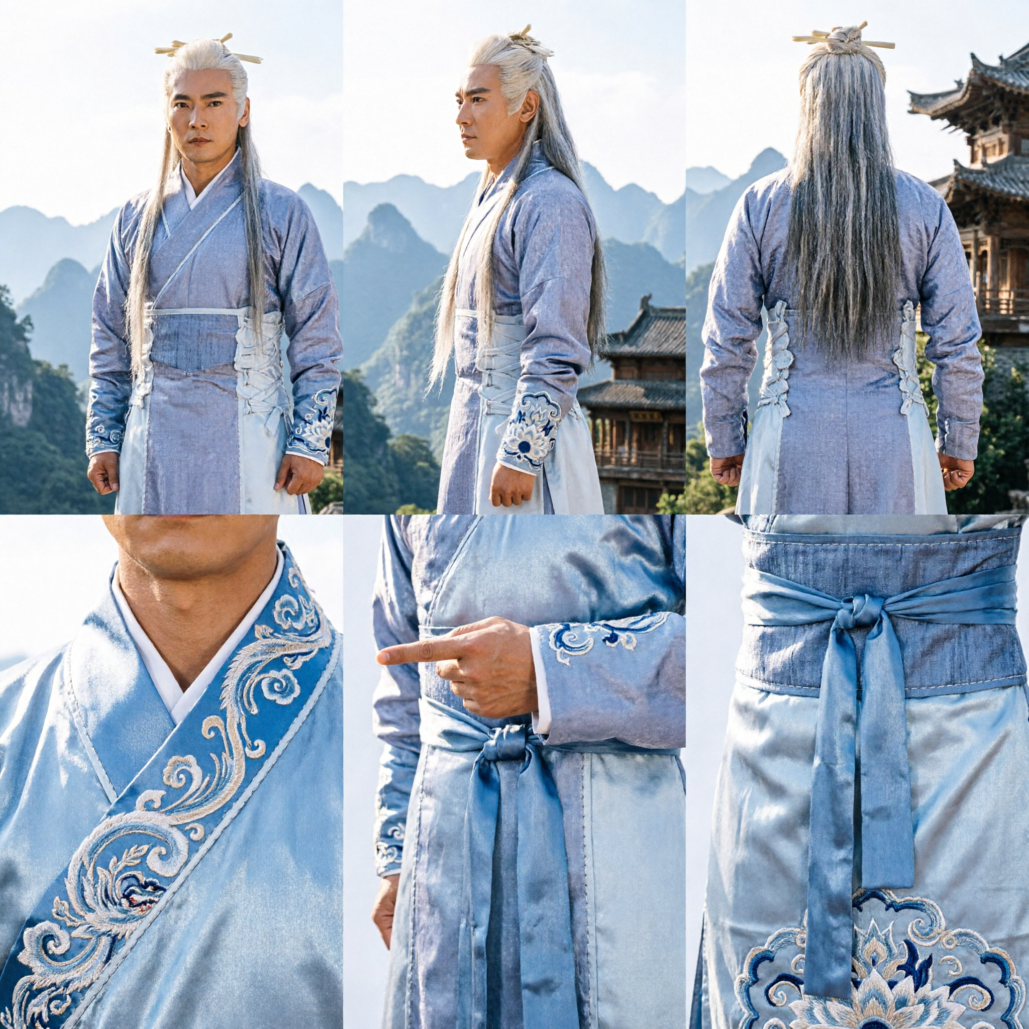 Traje de Mestre Wuxia Antigo Chinês, Robe Hanfu Azul Claro de Kung Fu para Homens, para Cosplay de Artes Marciais - Asian Costume