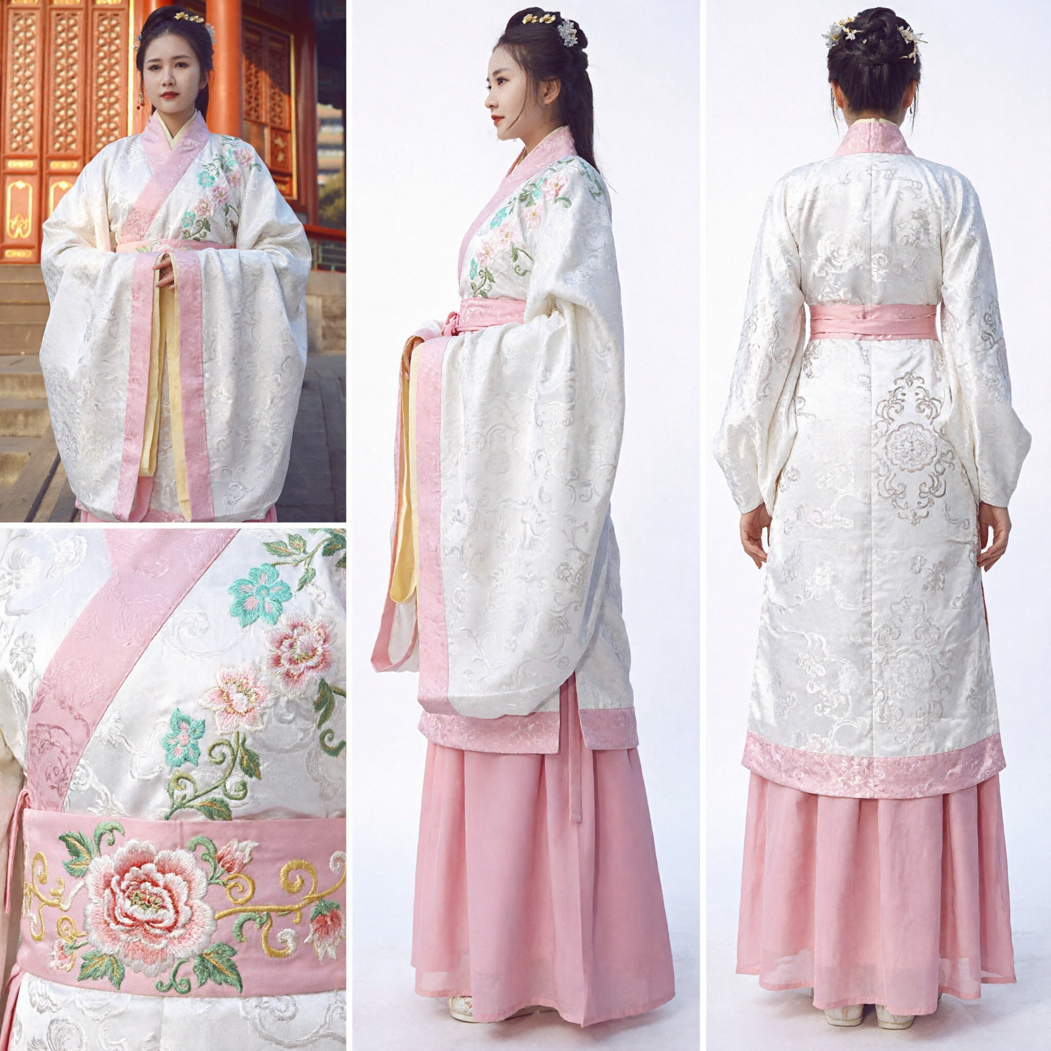Costume traditionnel chinois Hanfu - Ensemble de robe ancienne élégante brodée rose et blanc pour femmes - Asian Costume