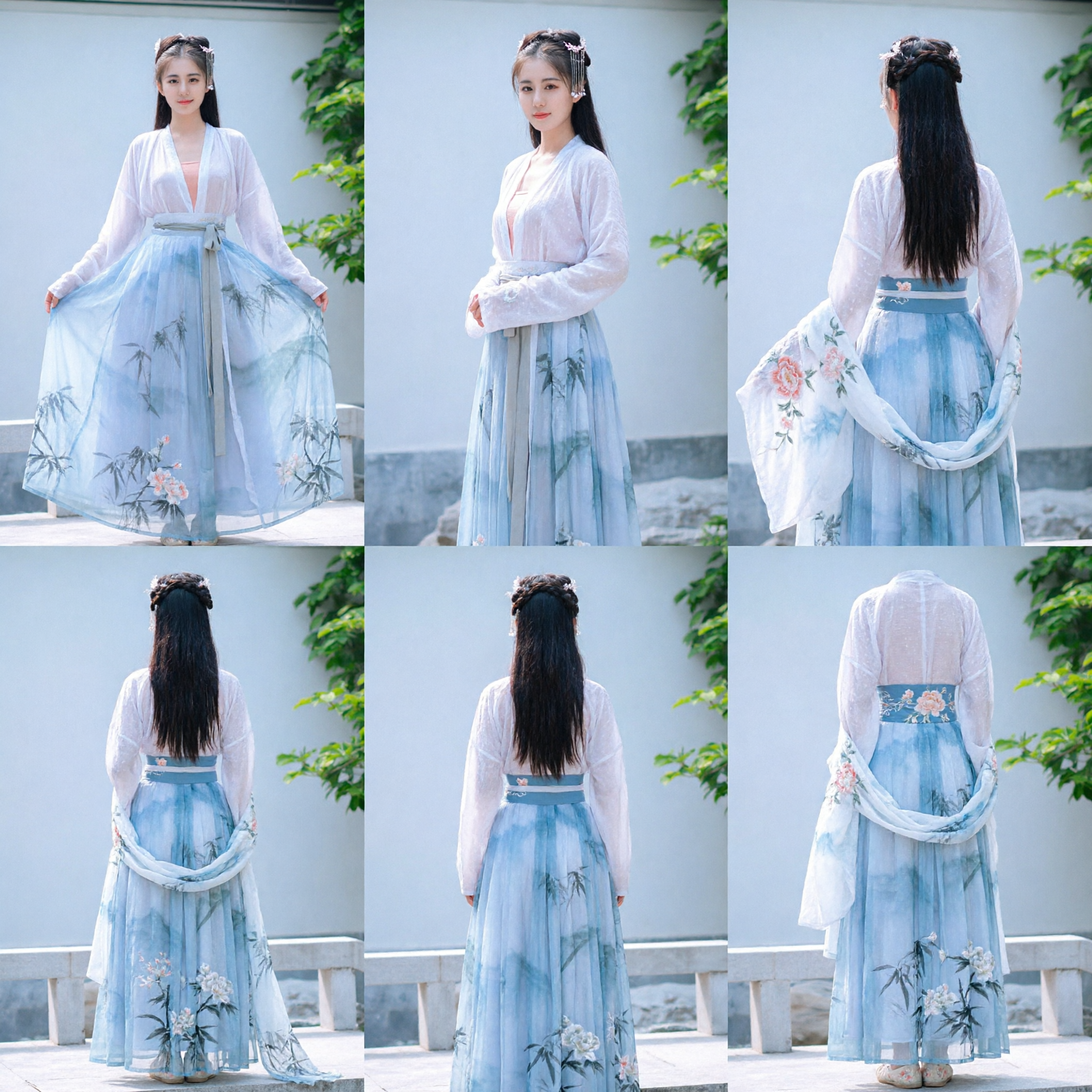 Traditionelles chinesisches Hanfu-Kleid für Frauen antikes Kostüm eleganter blauer Bambusdruck-Rock-Set - Asian Costume