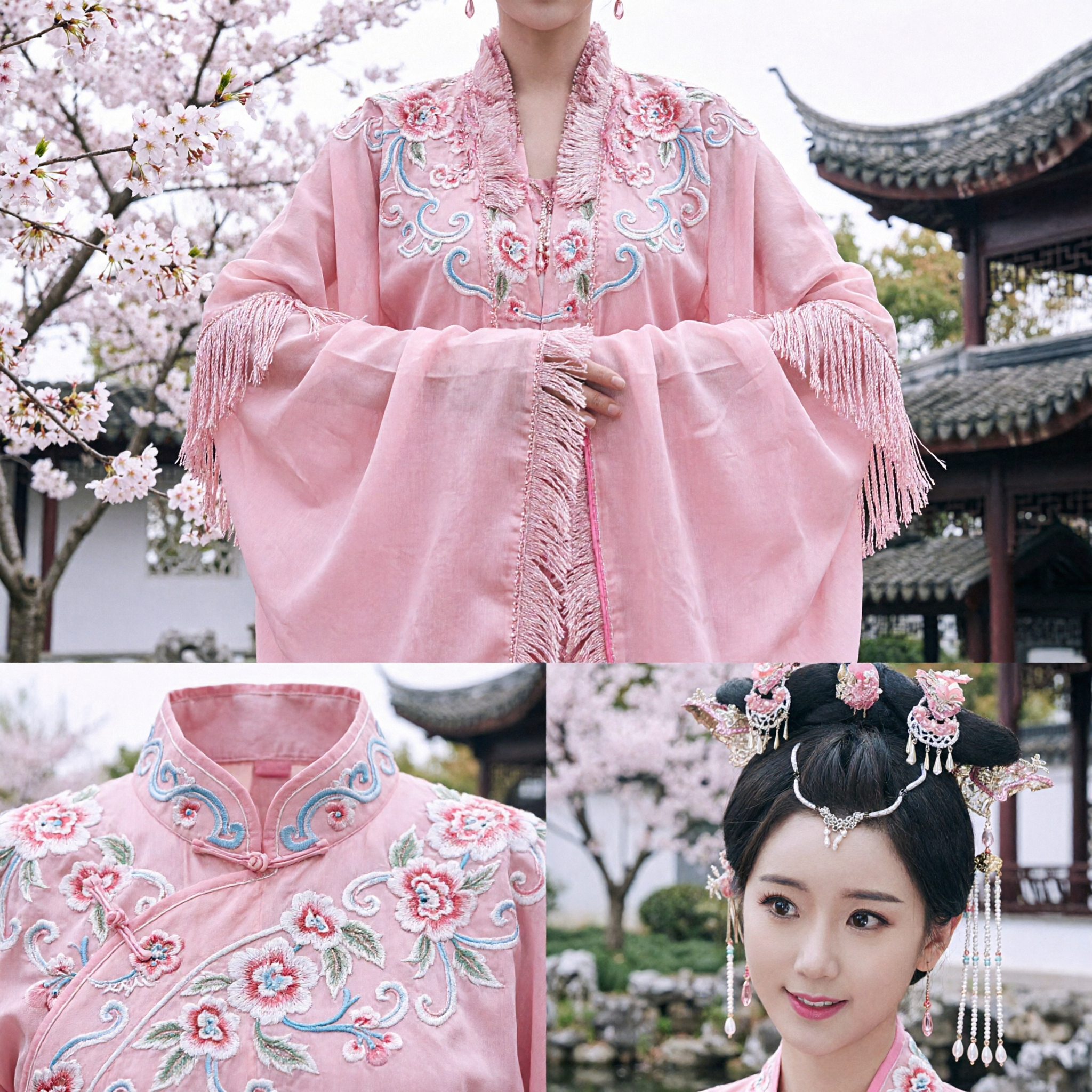 古代中国姫髪飾りセット ピンク花柄ヘアピン 漢服婚礼・コスプレ用 - Asian Costume