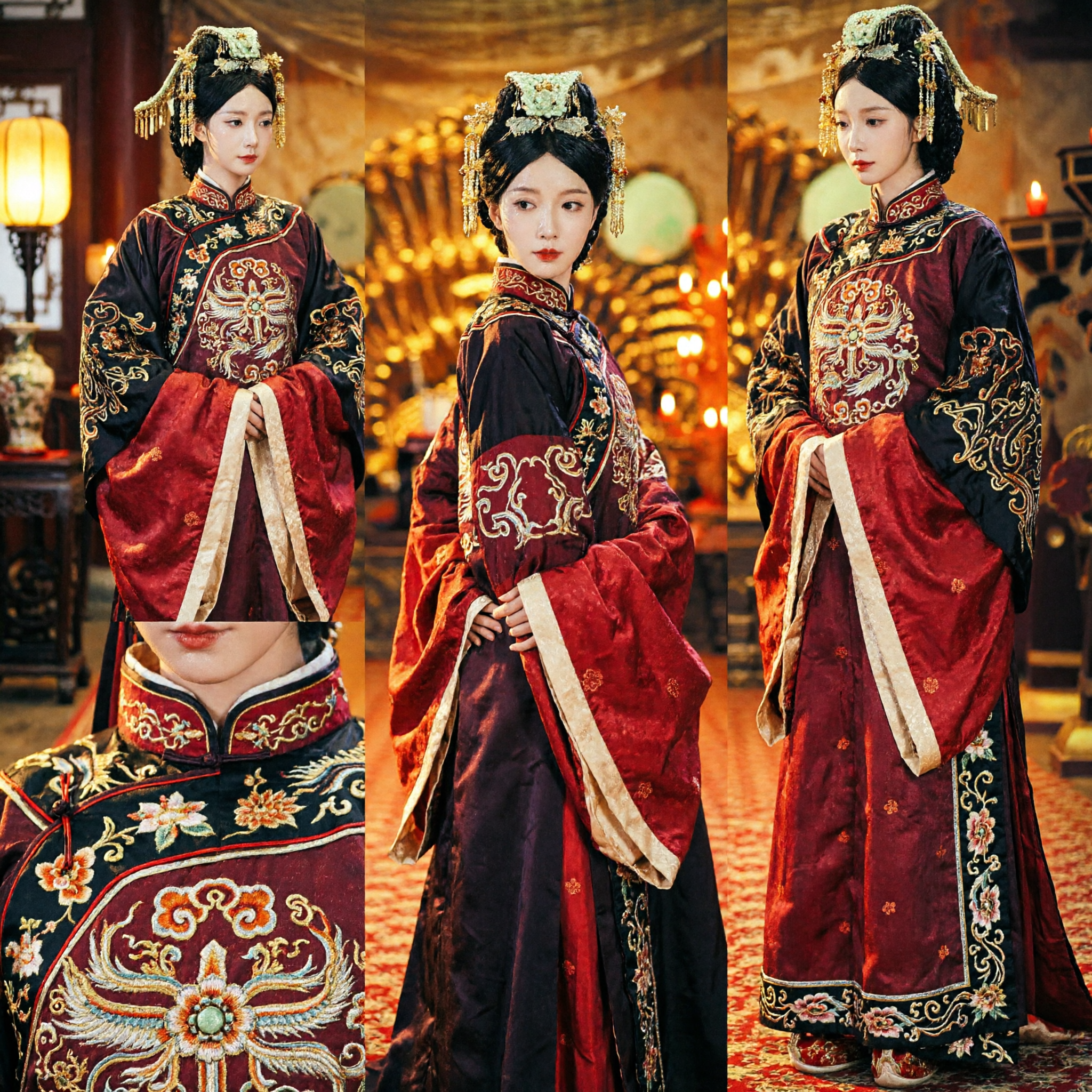 전통 중국 고대 황후 한푸 드레스 검정색 빨간색 자수 왕실 궁중 의상 여성 코스프레용 - Asian Costume