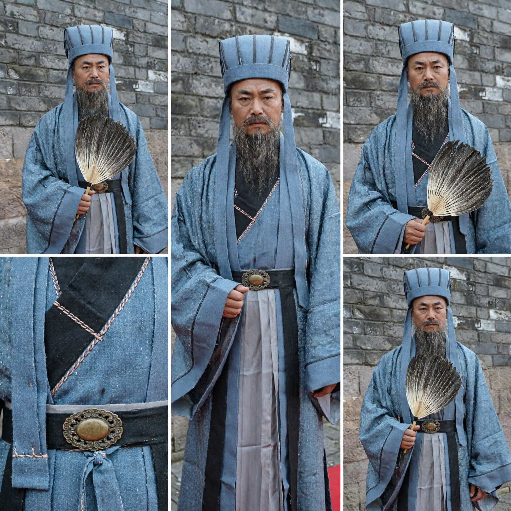 Conjunto de Traje Hanfu de Erudito Chino Antiguo, Túnica Azul, Sombrero y Abanico, Atuendo de Cosplay Histórico para Hombres - Asian Costume