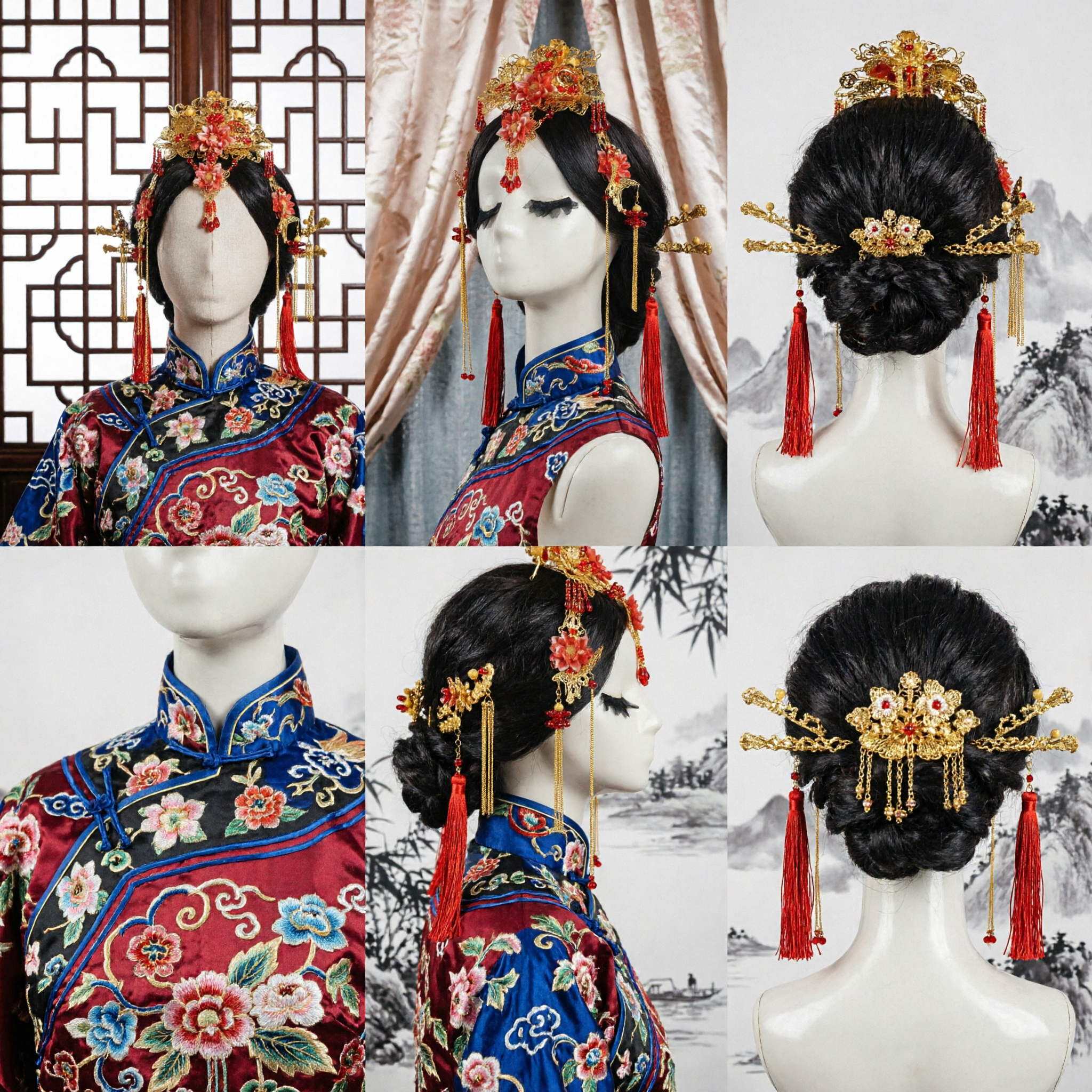 Conjunto de Acessórios de Cabelo Hanfu Chinês Tradicional, Coroa de Flor Vermelha e Dourada com Borlas para Noiva e Casamento - Asian Costume