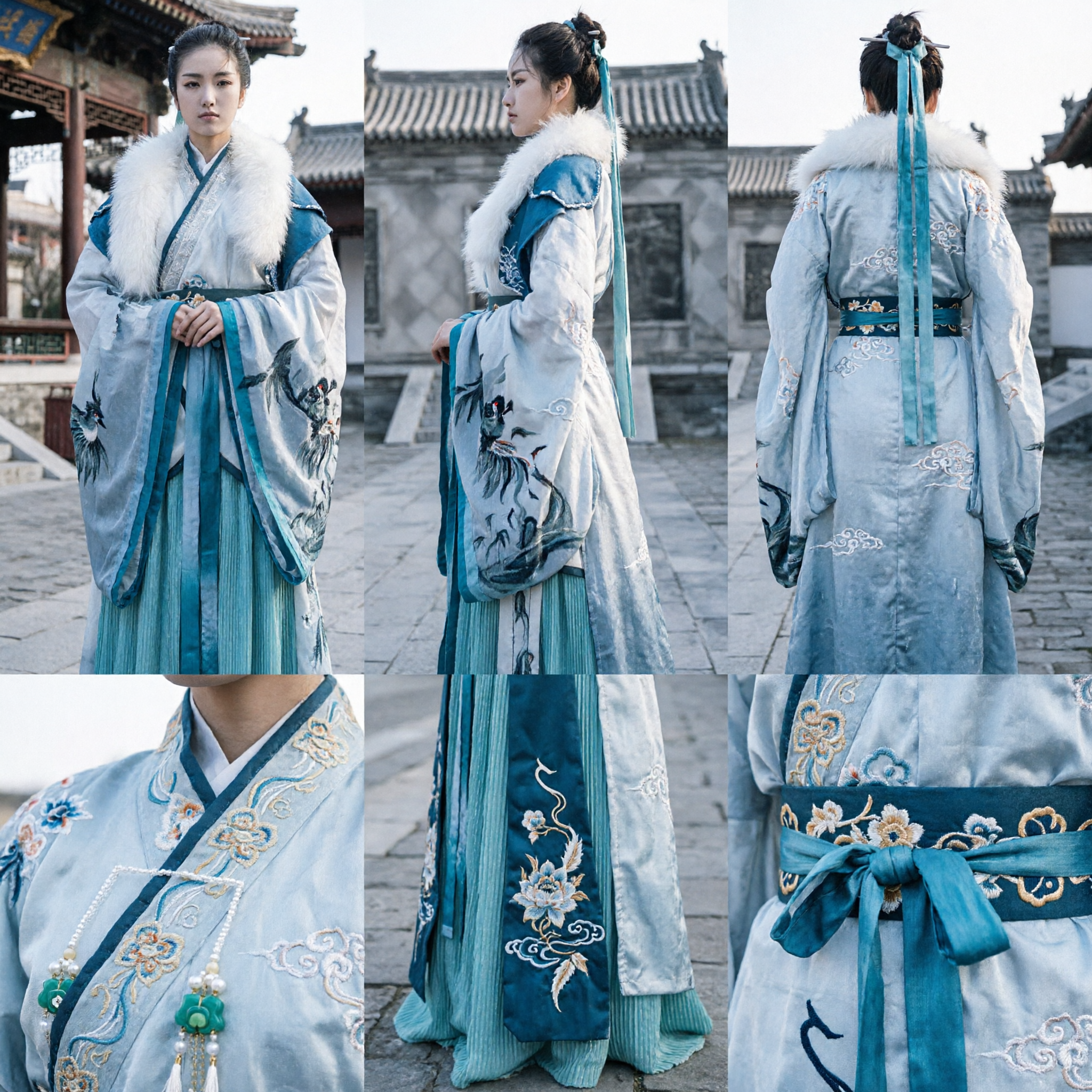 Costume d'hiver Hanfu chinois traditionnel Robe bleue avec col en fourrure blanche Tenue d'épéiste ancienne pour femmes - Asian Costume