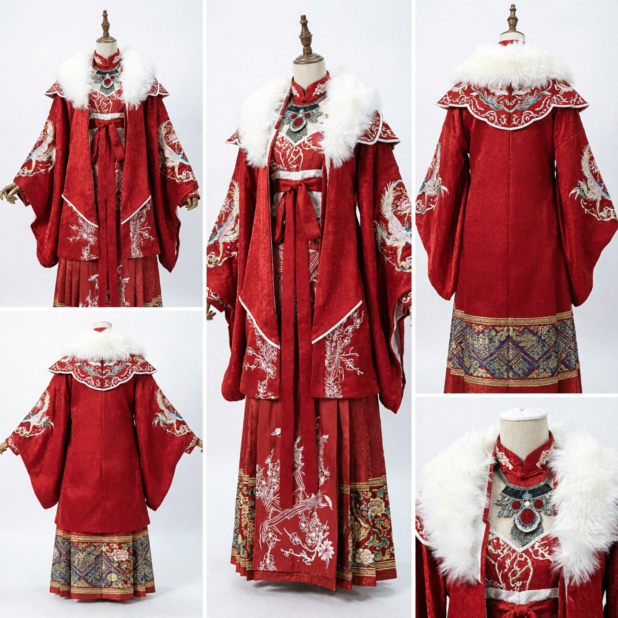 Traje Hanfu Vermelho Tradicional Chinês com Capa Bordada e Gola de Pele Branca para Cosplay - Asian Costume