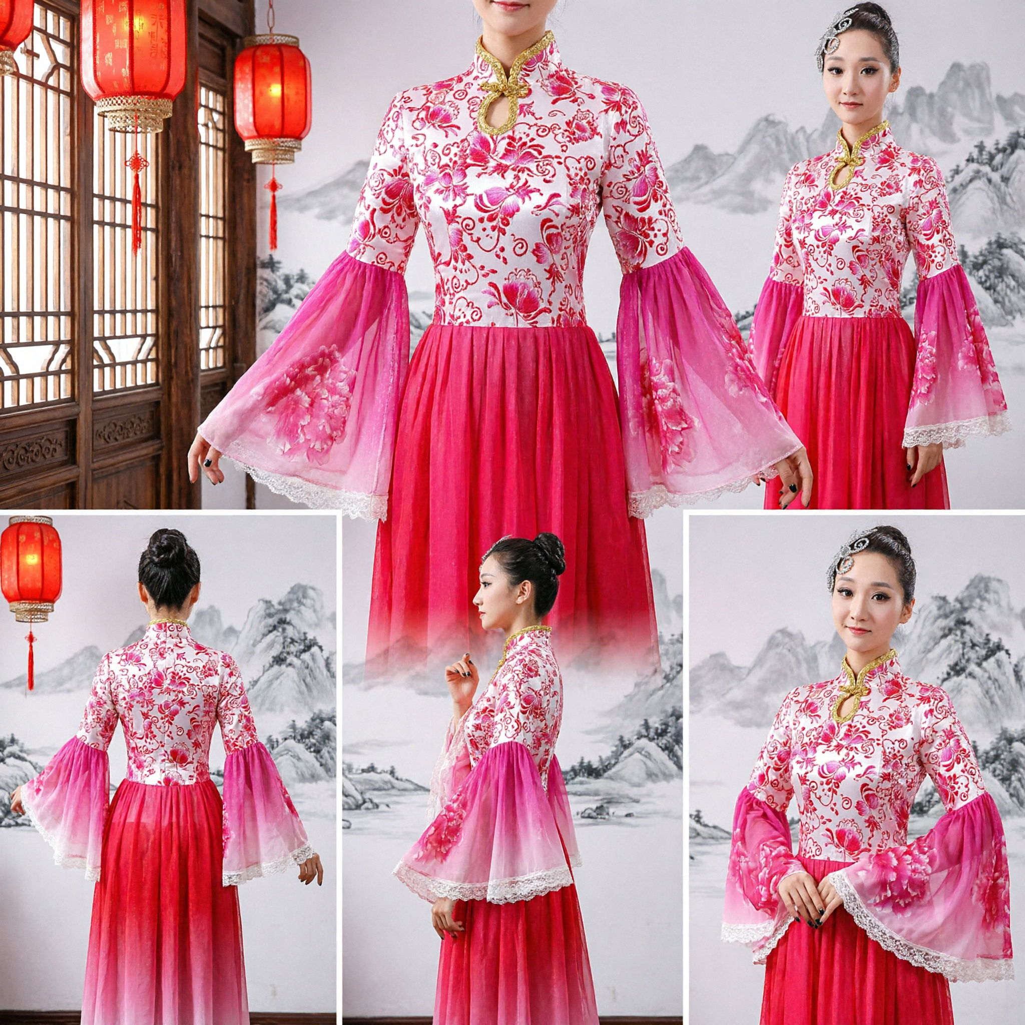 Elegantes rosa chinesisches traditionelles Volkstanzkleid Frauen Blumen-Glockenärmel Bühnenaufführungskostüm - Asian Costume