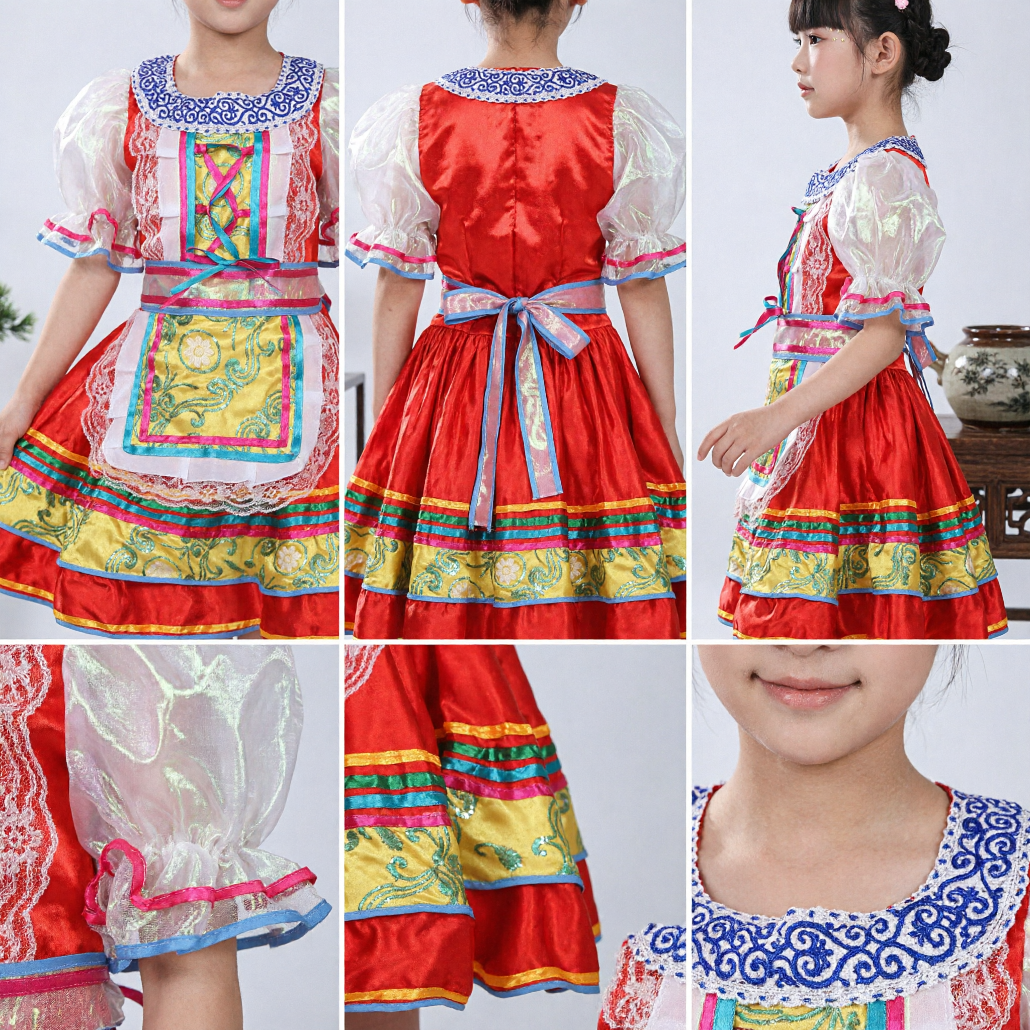 Girls Traditional Folk Dance Costume Kids Colorful Stage Performance Dress with Apron and Floral Headband - Asian Costume