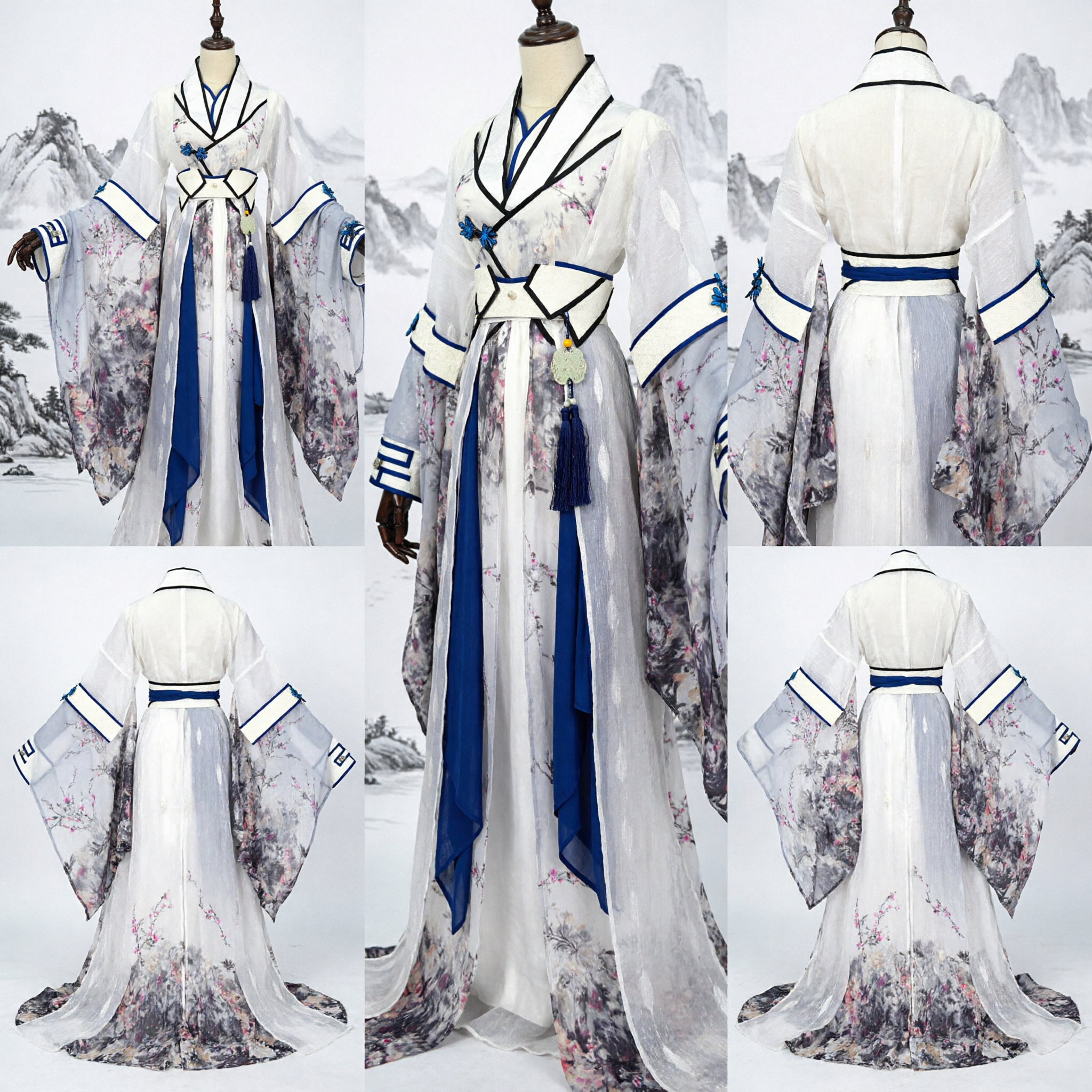 Traje Hanfu Tradicional Chinês, Robe Branco com Floral em Lavagem de Tinta Antigo para Cosplay e Performance - Asian Costume
