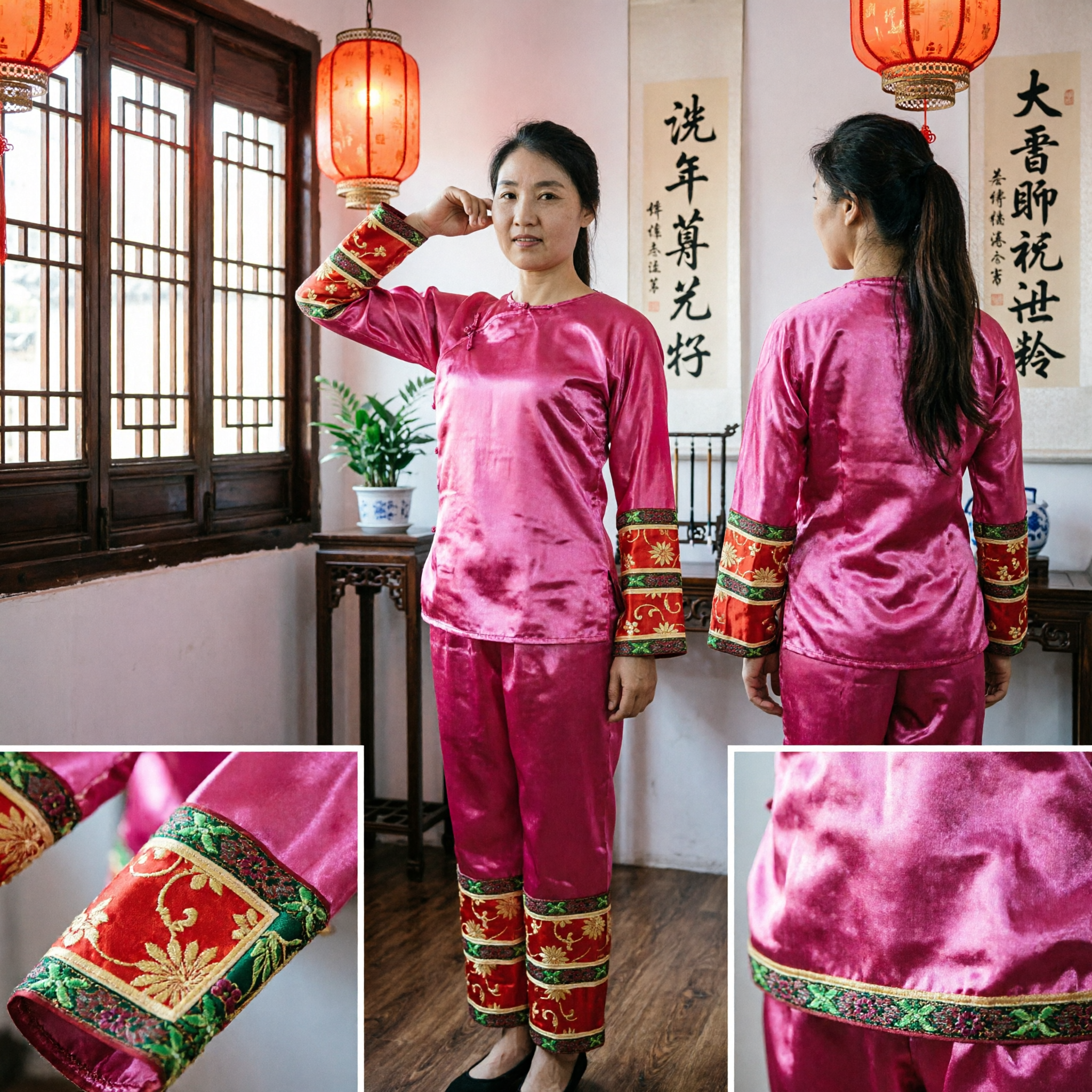 Conjunto de pijama de satén de seda chino tradicional para mujeres, ropa de dormir Tang rosa fuerte con ribete de brocado - Asian Costume