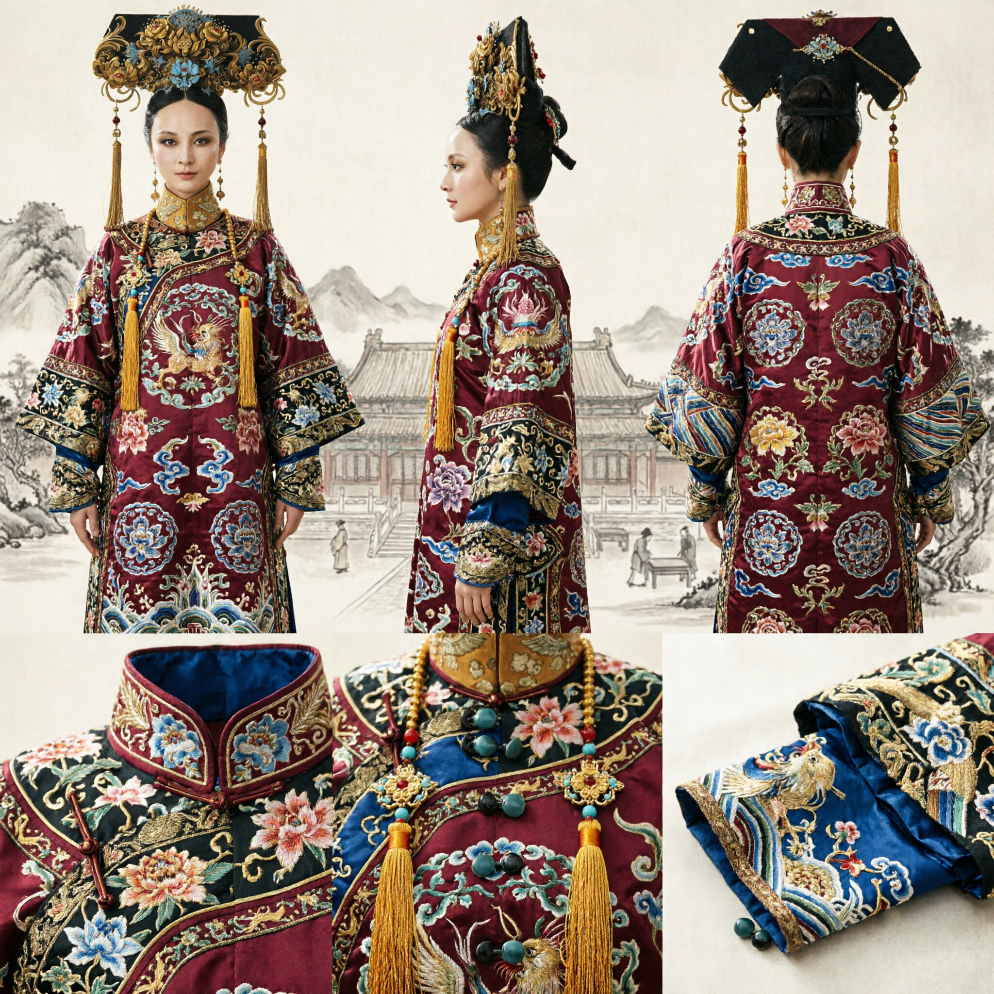 Coiffe d'Impératrice Mandchoue de la Dynastie Qing Traditionnelle Chinoise - Couronne Florale en Filigrane d'Or avec Glands pour Cosplay et Mariages - Asian Costume