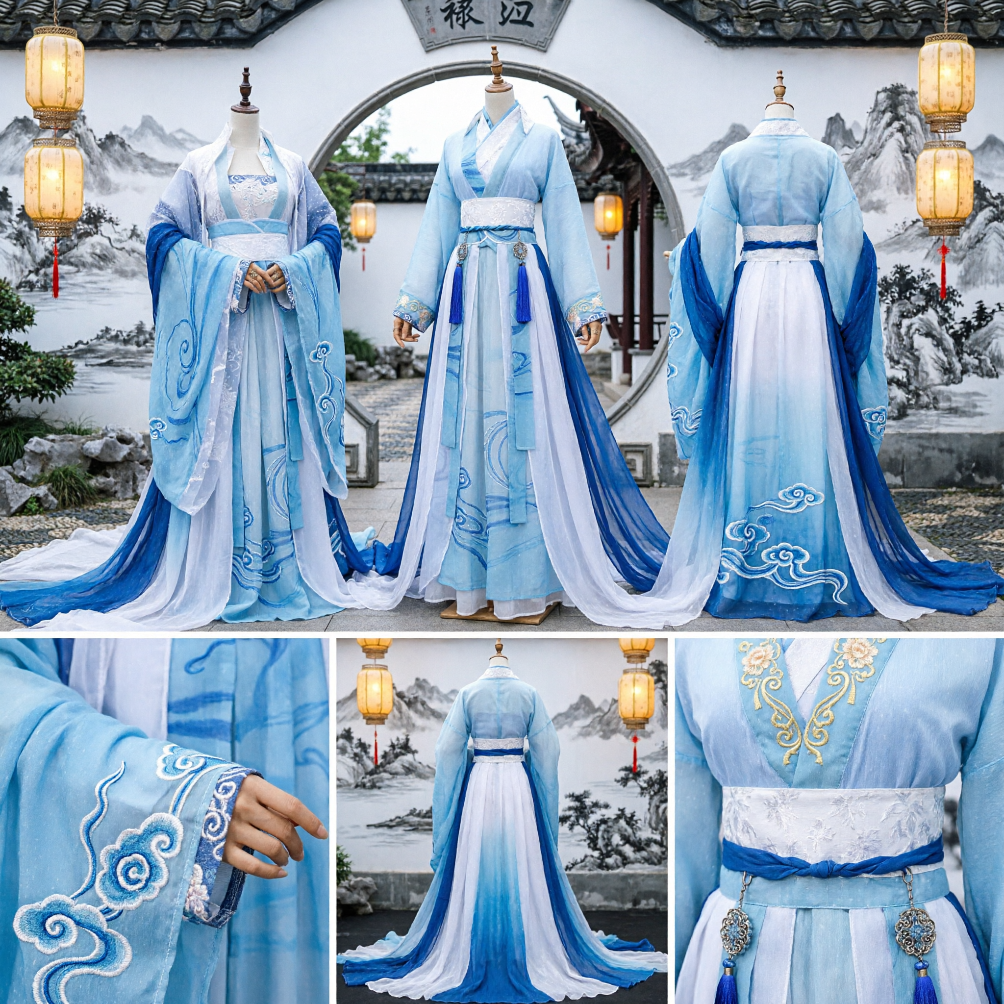 Traje Tradicional Chinês Hanfu Antigo - Robe em Gradiente Azul e Branco para Mulheres, para Cosplay e Drama Histórico - Asian Costume