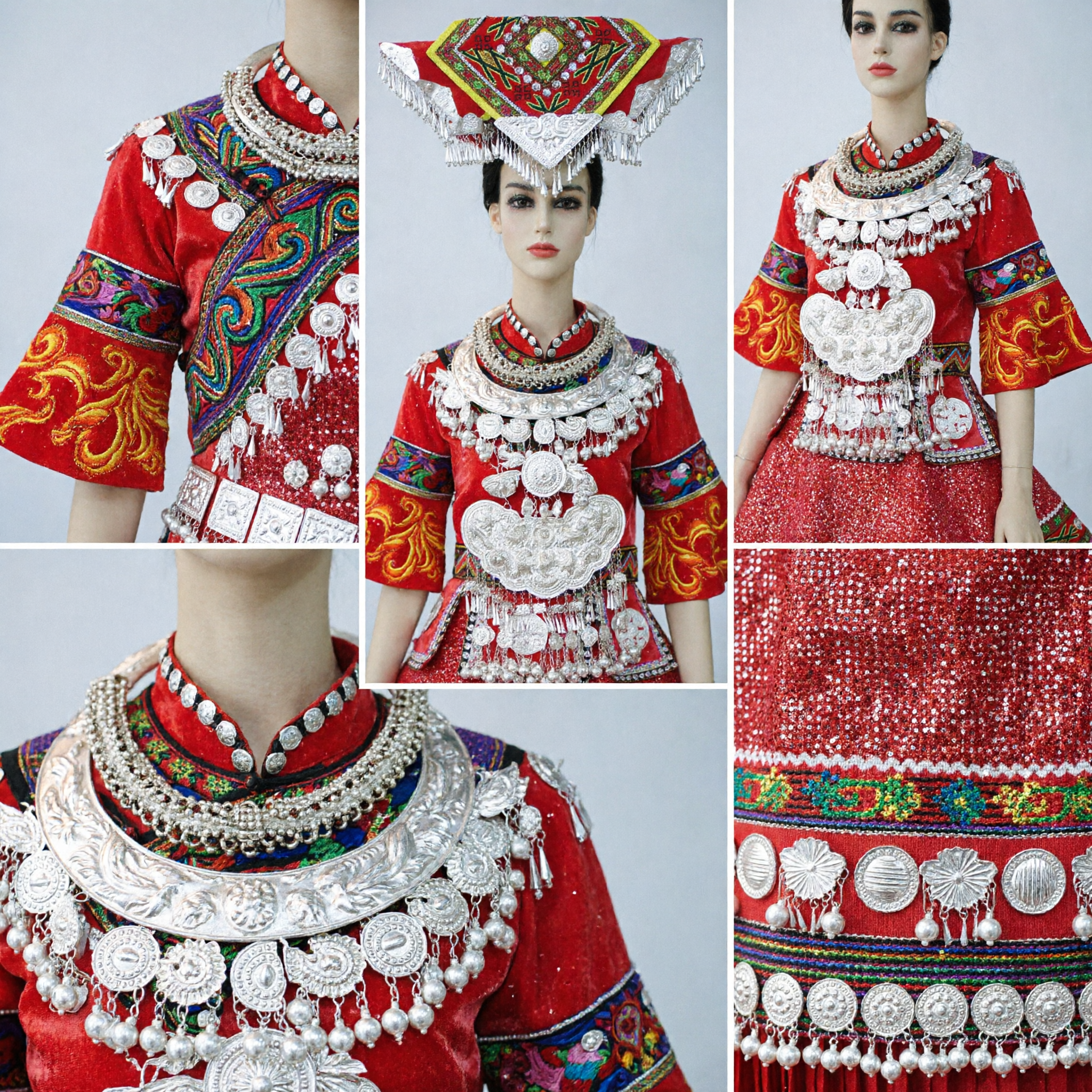 Traditionelles chinesisches Miao-Volksgruppen-Kostüm, rotes Kleid mit Silberschmuck und besticktem Hut für Festival-Tanzaufführung - Asian Costume