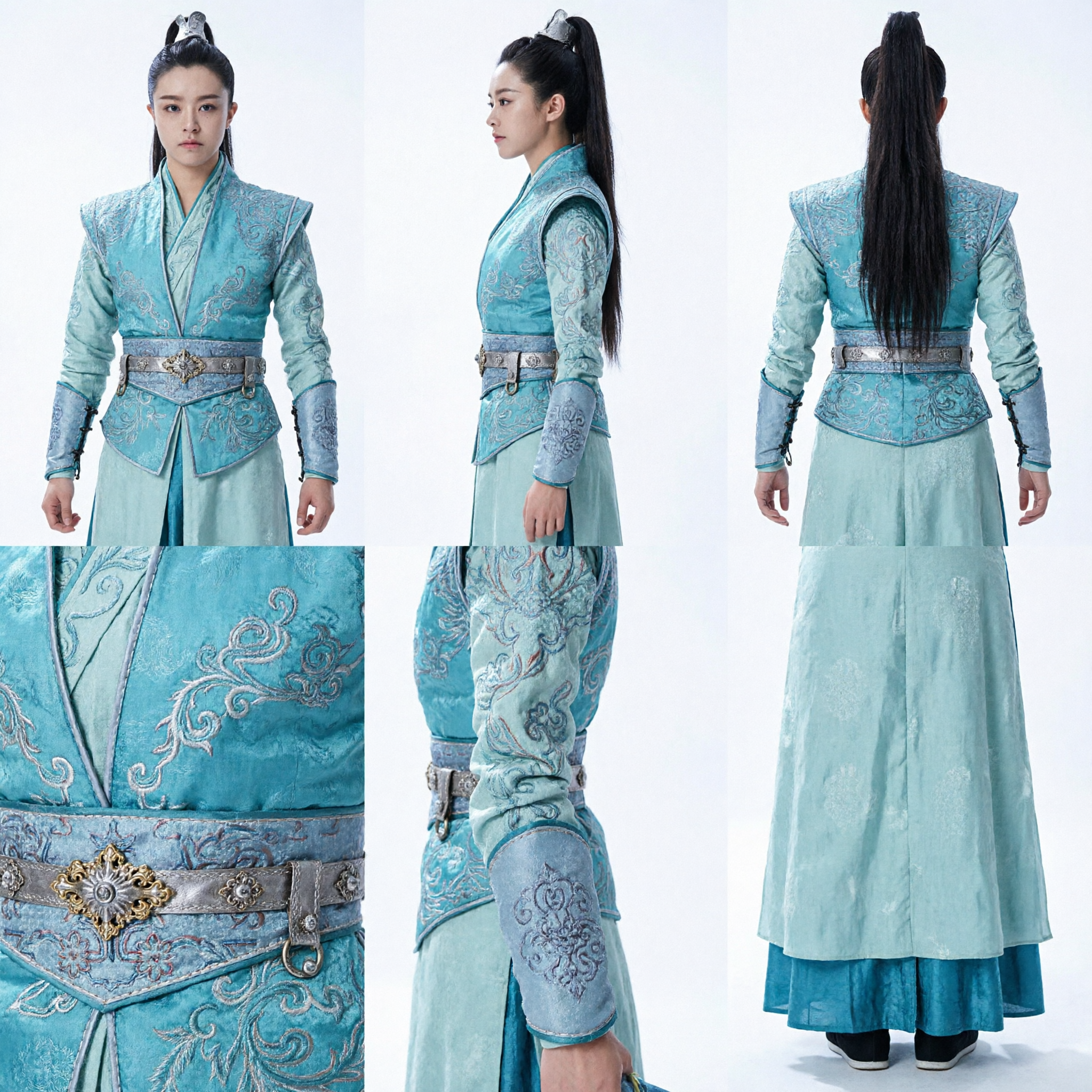 Oud-Chinees Wuxia Zwaardvechtster Kostuum Blauwgroen Geborduurde Hanfu voor Vrouwen Cosplay Optreden - Asian Costume