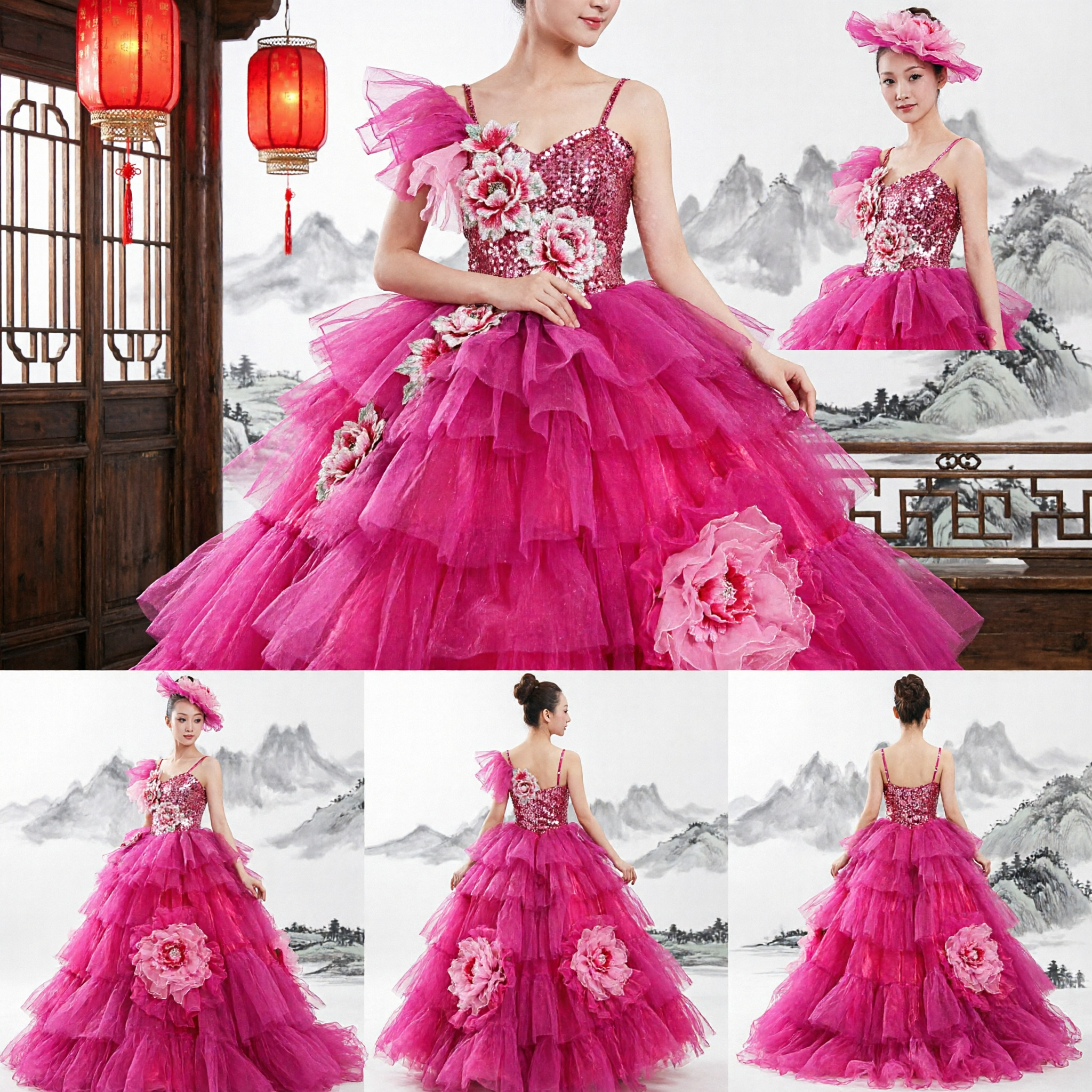 Women's Hot Pink Sequined Ballroom Dance Dress with Massive Tulle Ruffles and Floral Accents for Stage Performance - Asian Costume