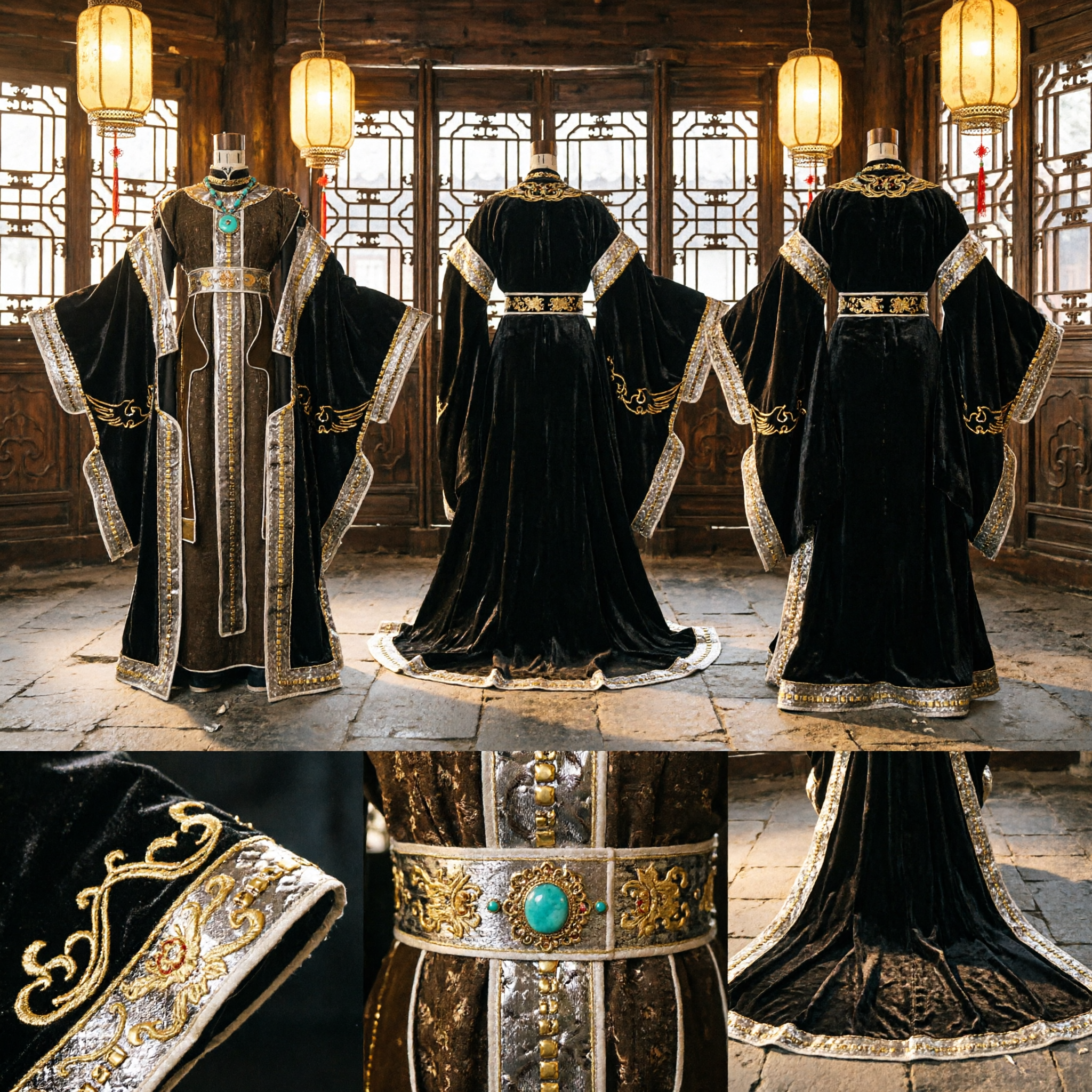 رداء الإمبراطور الصيني القديم التقليدي، زي هانفو بتطريز أسود وذهبي للرجال لتأدية الأدوار وعروض المسرح - Asian Costume