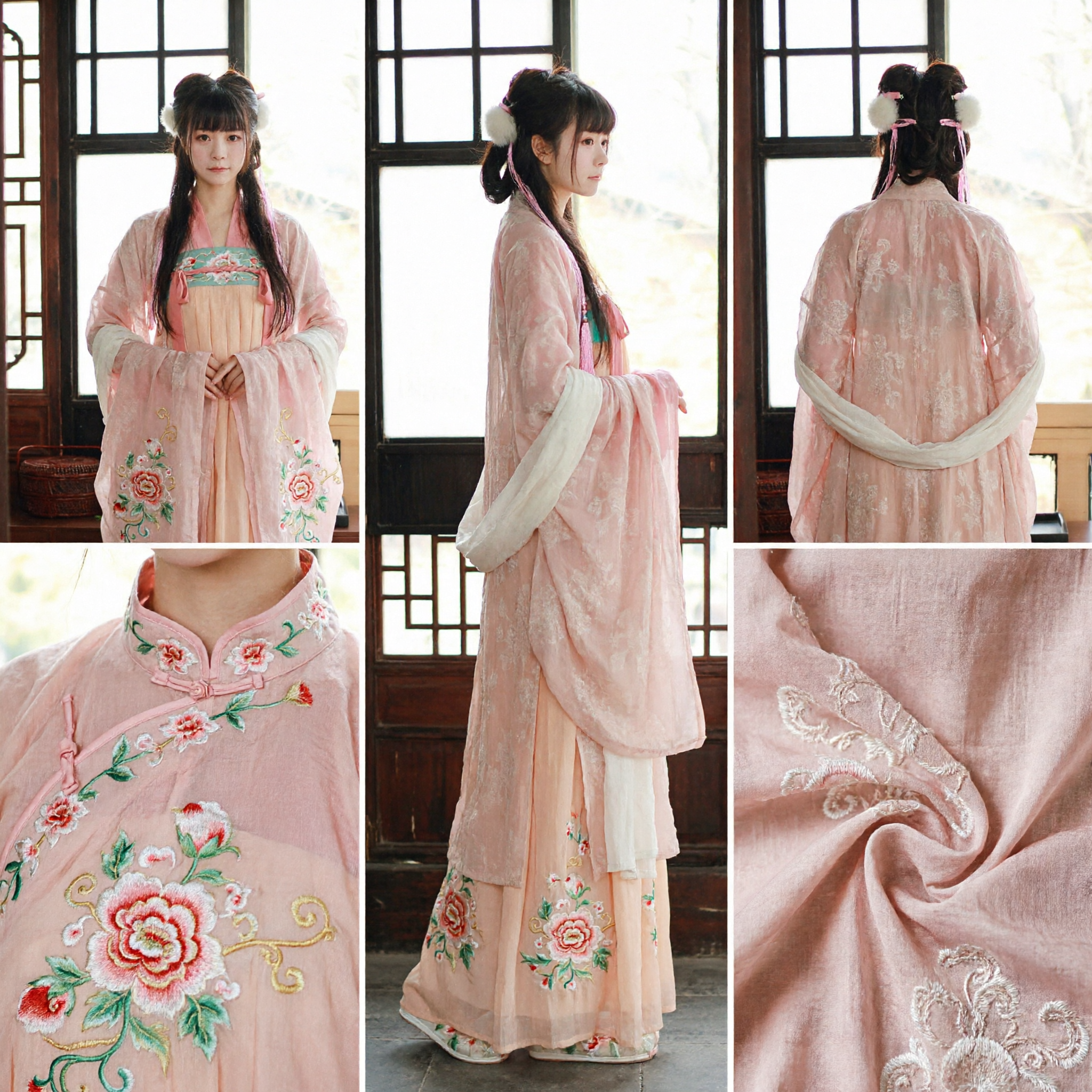 Hanfu Tradicional Chinês Daxiushan Rosa com Flores Traje Antigo Robe de Manga Larga para Mulheres Fotografia - Asian Costume