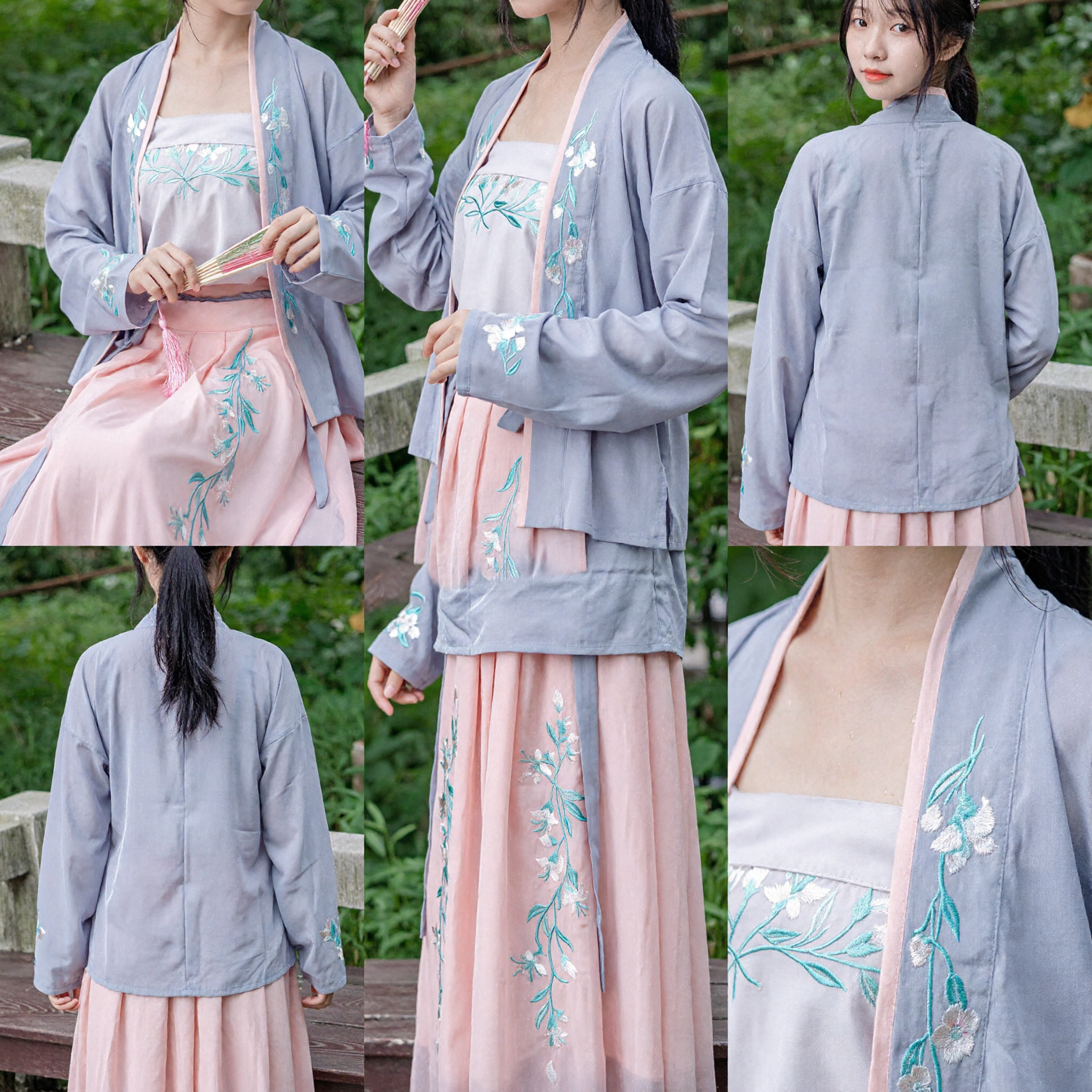 Costume Hanfu Tradizionale Cinese Stile Dinastia Song Set Beizi Blu Ricamato e Gonna Rosa per Donna - Asian Costume