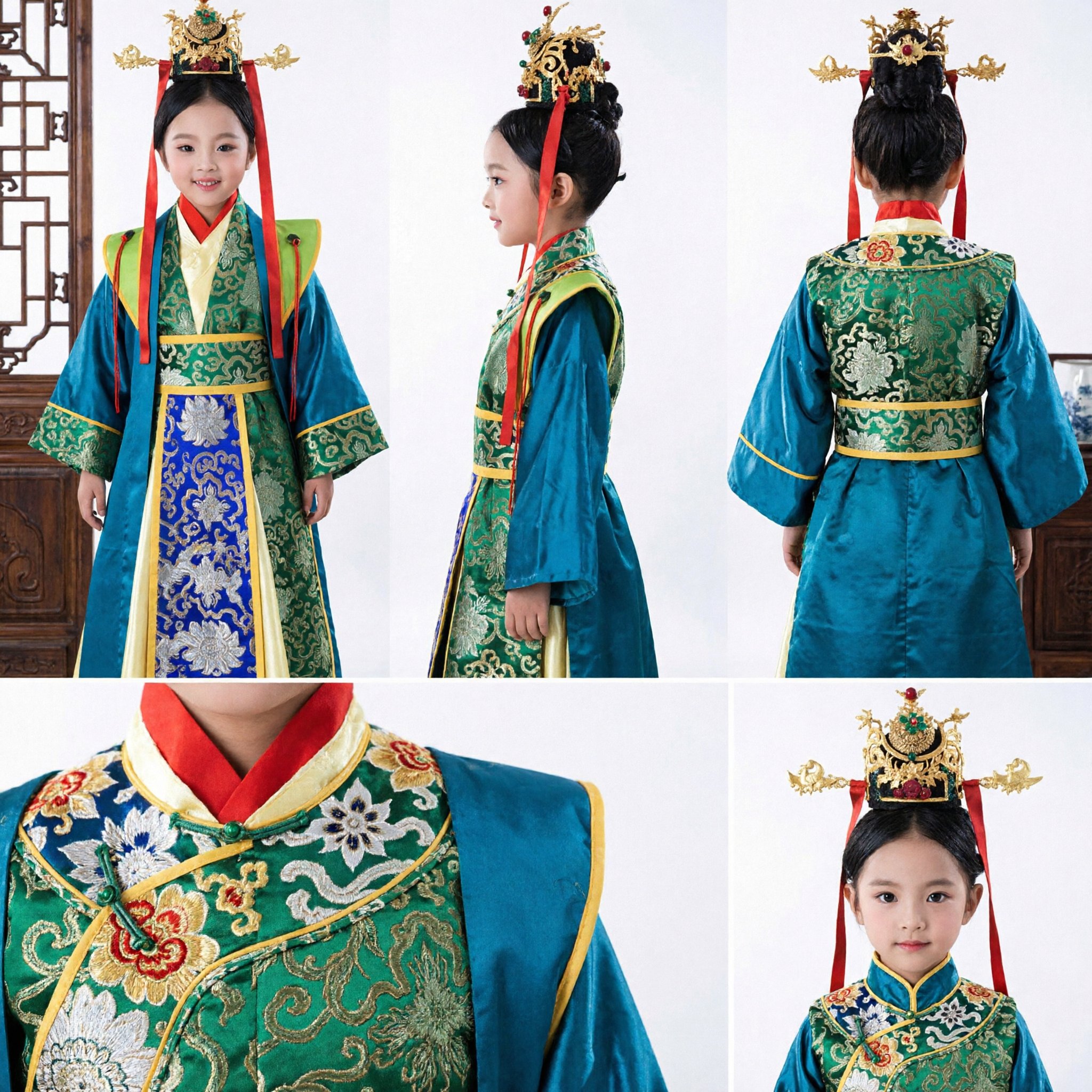 伝統的中国漢服 子供用女の子古代緑の皇女ドレス パフォーマンス用 - Asian Costume