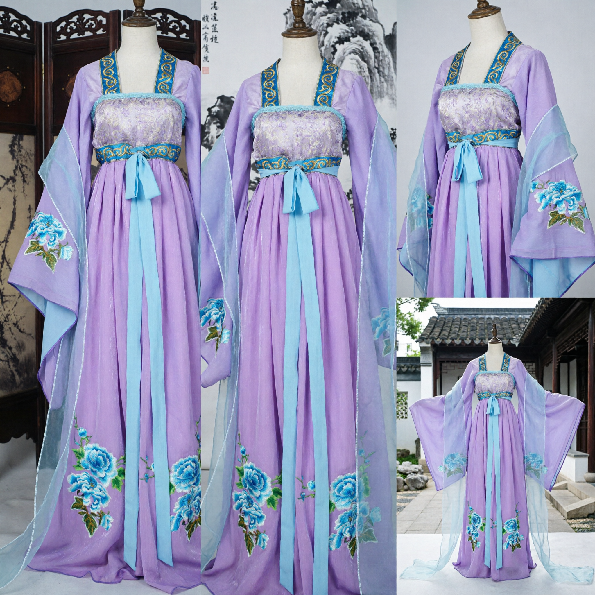 Traditionelles chinesisches Hanfu, lila Tang-Dynastie-Ruqun-Kleid mit Blumenstickerei für Frauen-Cosplay-Aufführung - Asian Costume