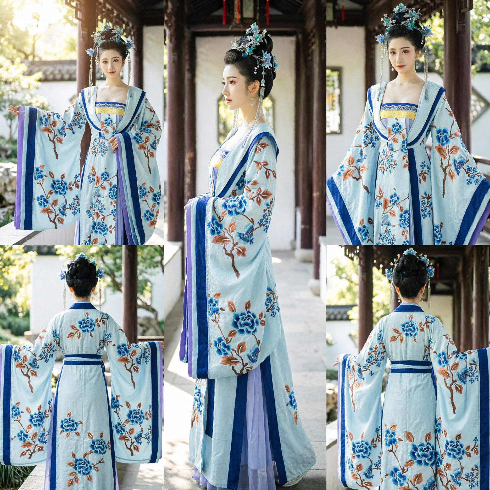 Starożytna Chińska Suknia Hanfu z Dynastii Tang Niebieska Kwiatowa Suknia Ruqun dla Kobiet Cosplay i Występ Sceniczny - Asian Costume