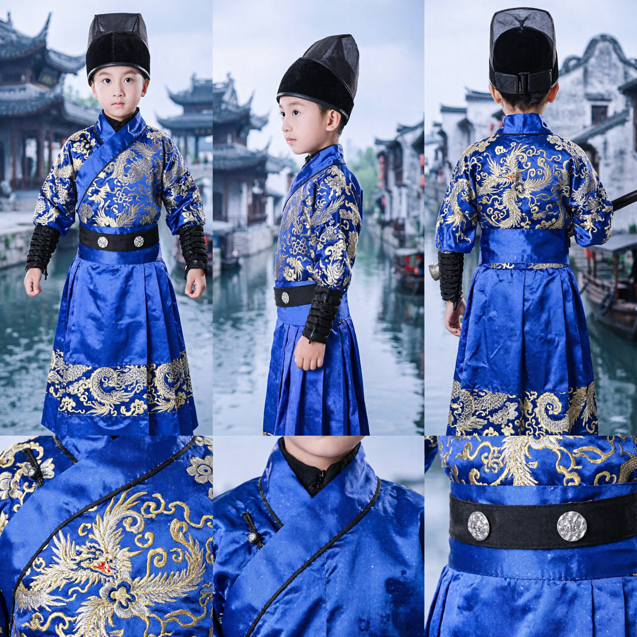 Kids Boys Traditional Chinese Ancient Swordsman Costume Blue Jinyiwei Robe Cape Halloween Cosplay Performance Outfit - Asian Costume