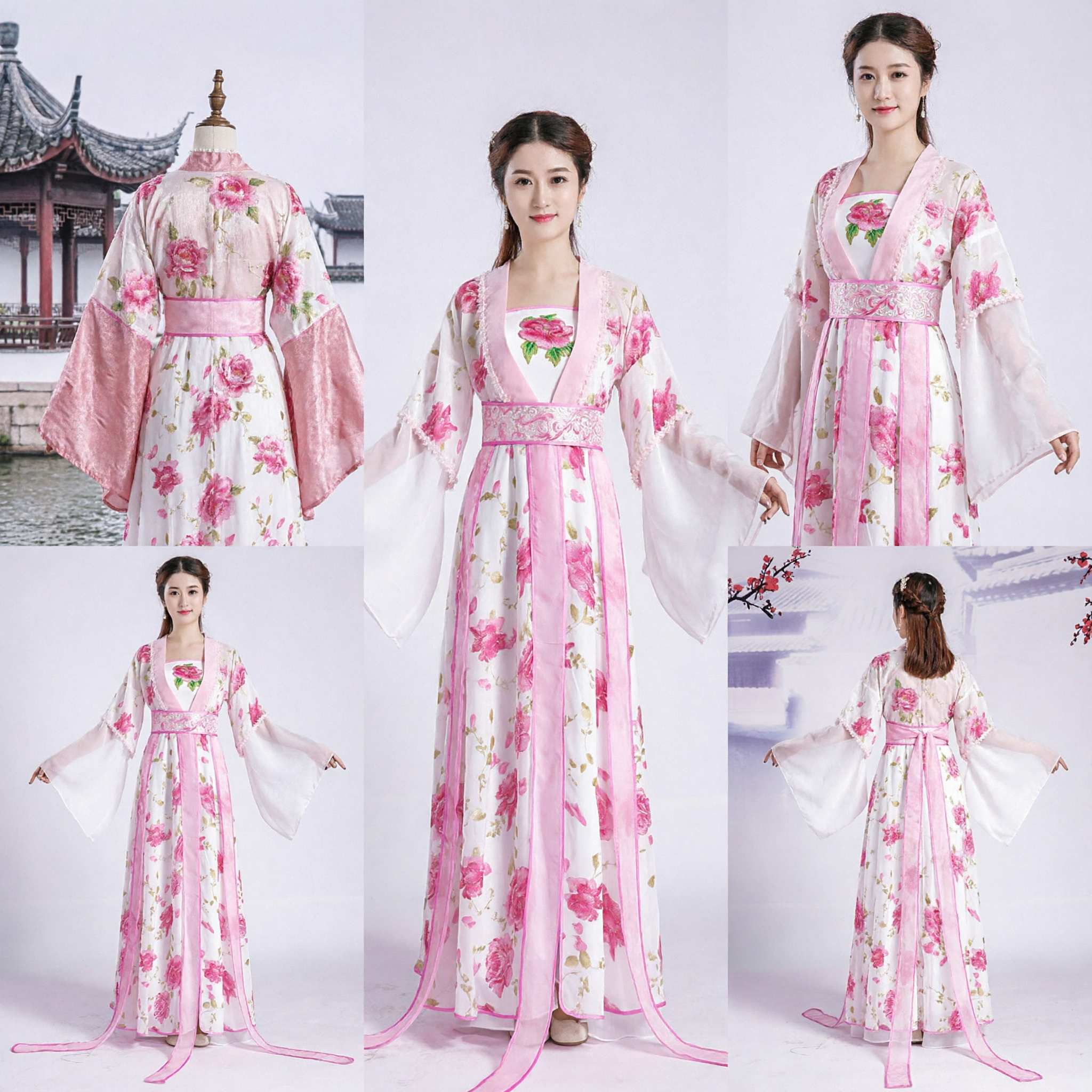 Elegantes antikes chinesisches Hanfu-Kostüm, Tang-Dynastie-Stil rosa Blumen-Prinzessinnenkleid für Frauen-Cosplay-Aufführung - Asian Costume