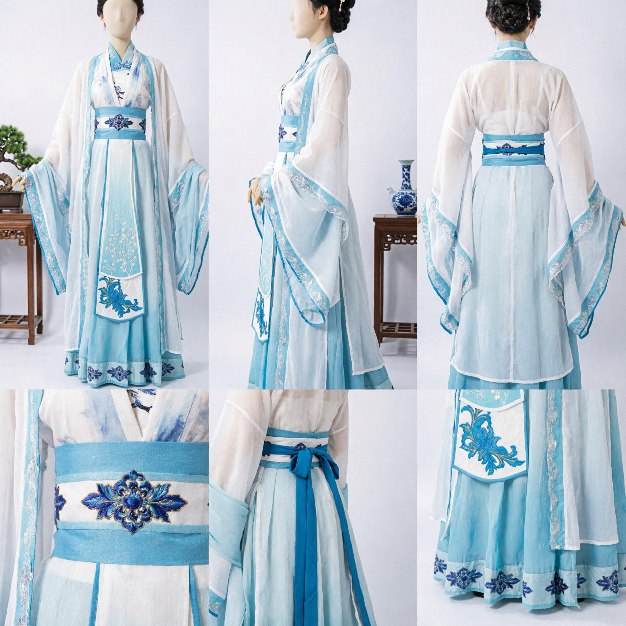 Costume traditionnel chinois Hanfu bleu et blanc, robe ancienne brodée de fée pour femmes Cosplay - Asian Costume