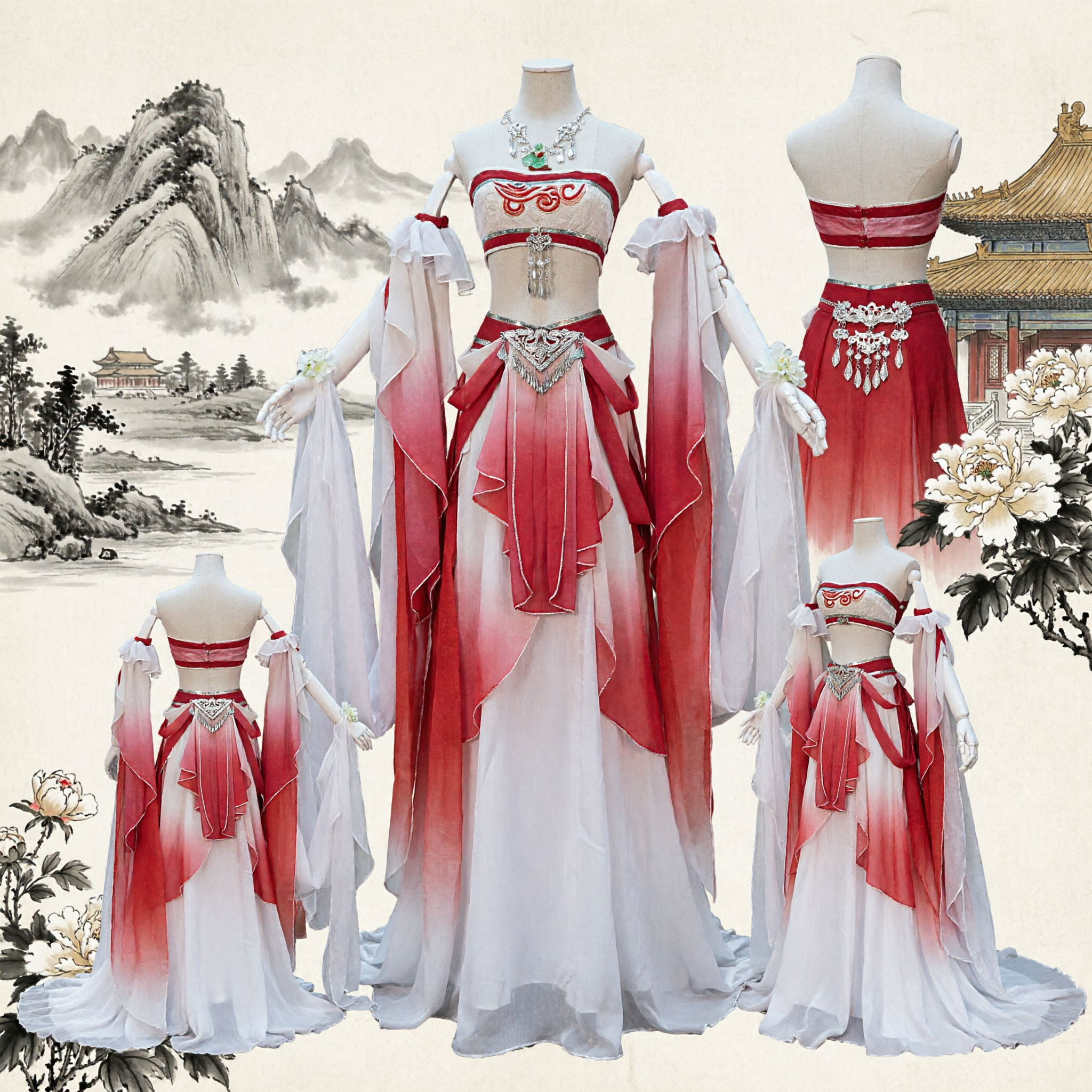 Traje Tradicional Chinês Hanfu Vestido de Fada Antigo em Gradiente Vermelho Conjunto Completo para Cosplay e Performance Feminina - Asian Costume