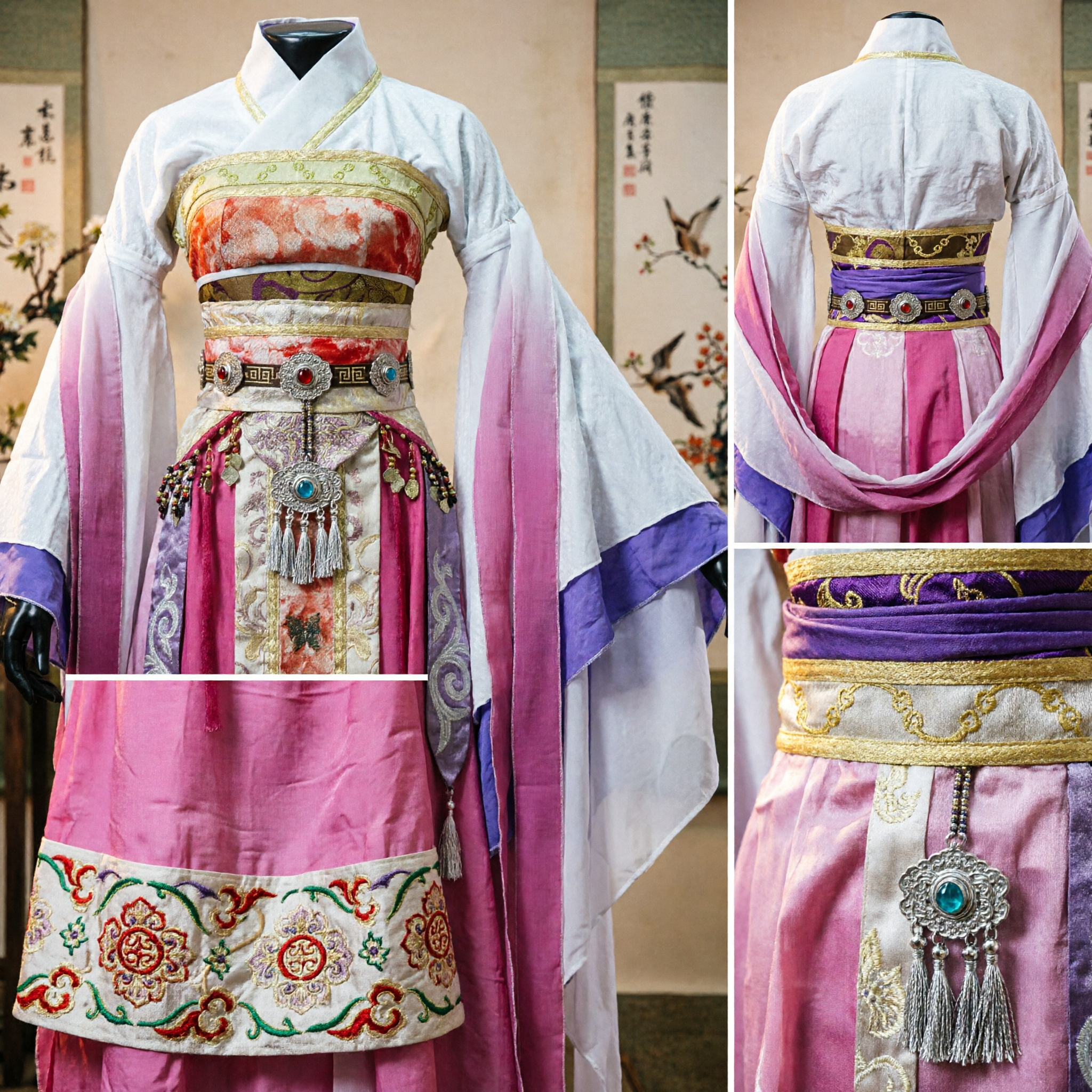 Costume Hanfu da Principessa della Dinastia Tang Cinese Antico Abito da Fata Ricamato Bianco e Rosa per Donne Spettacoli - Asian Costume