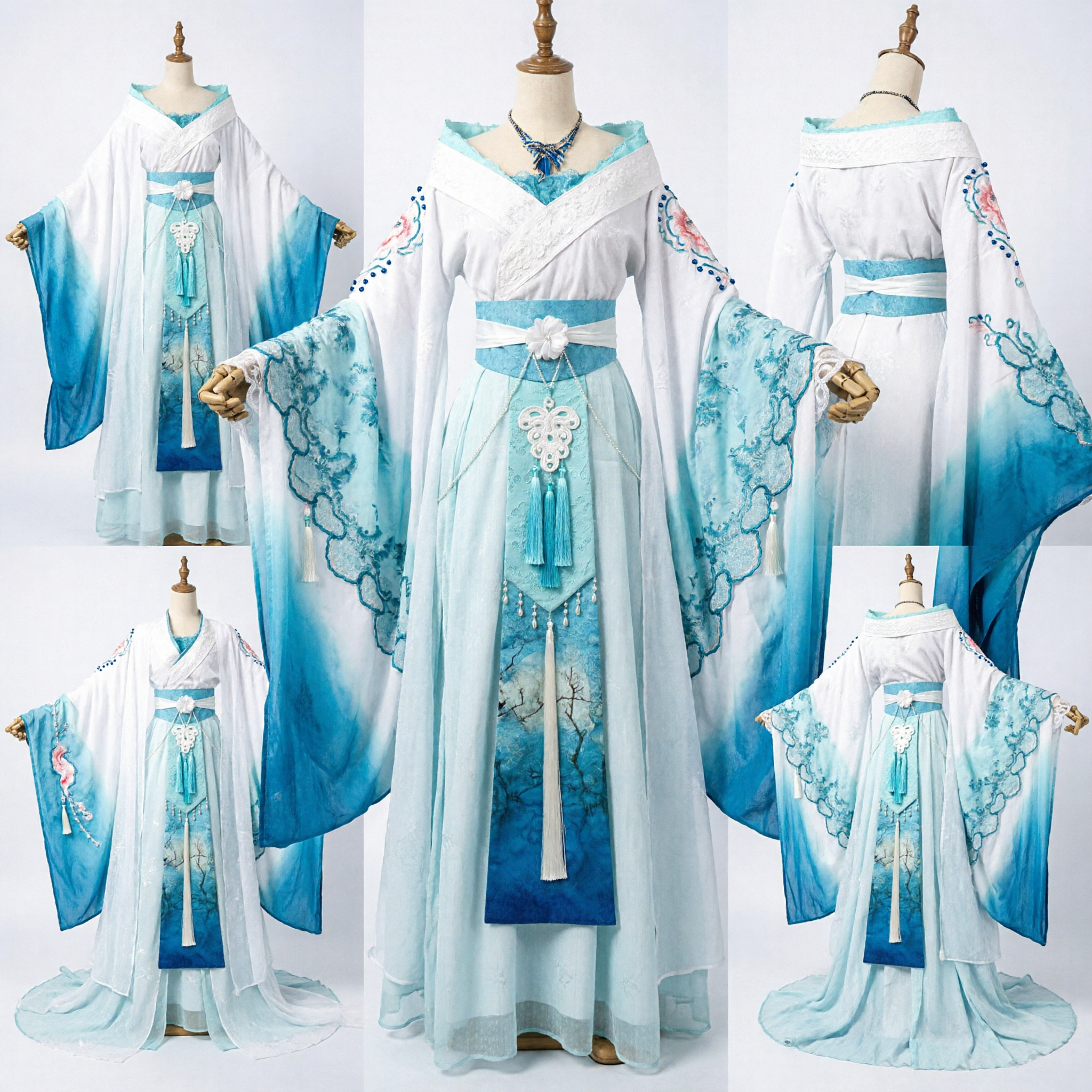 Elegante Hanfu Azul y Blanco con Degradado Traje Antiguo Tradicional Chino Vestido de Hada para Mujer para Cosplay - Asian Costume