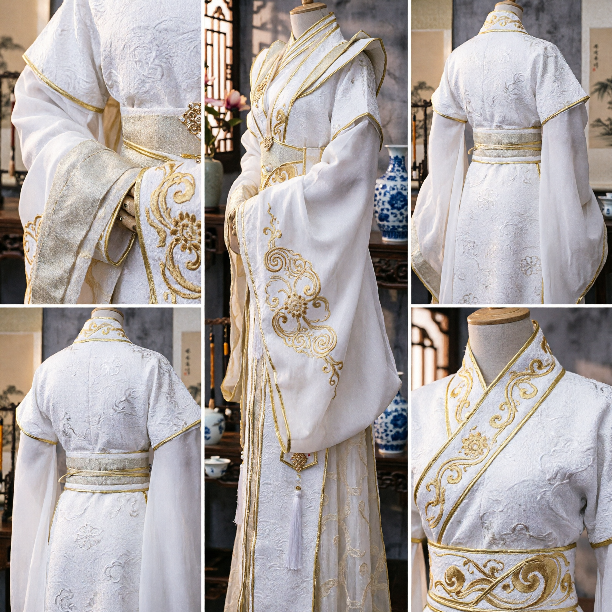 Costume traditionnel chinois Hanfu Robe ancienne blanche et or pour noble homme pour cosplay et spectacle - Asian Costume