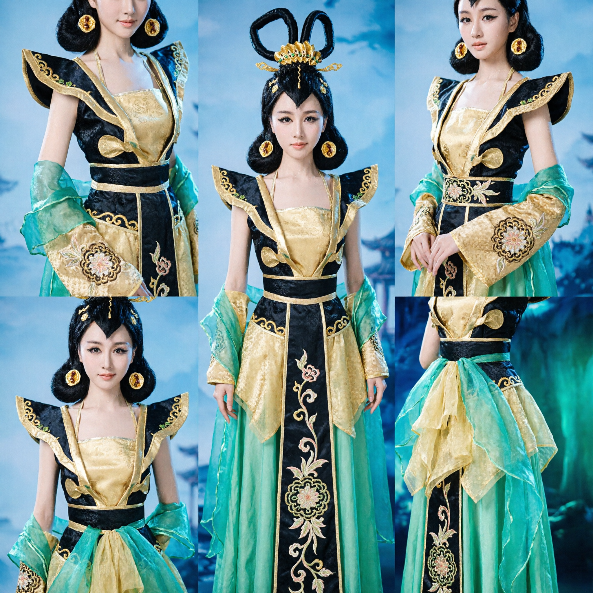 中国古代緑の仙女漢服コスチューム一式 女性用舞踊パフォーマンス用ヘッドドレス付き - Asian Costume
