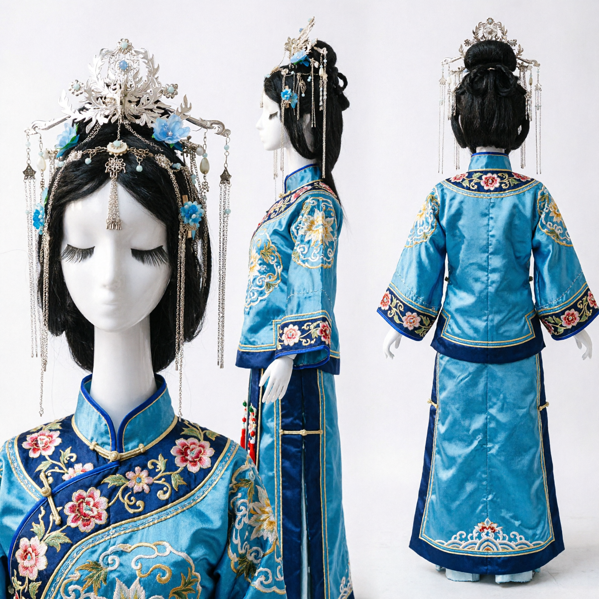 Traditioneel Chinees Feniks Kroon Haaraccessoires Blauw Bloemig Hanfu Hoofddeksel Oud Kostuumjuwelen voor Vrouwen - Asian Costume