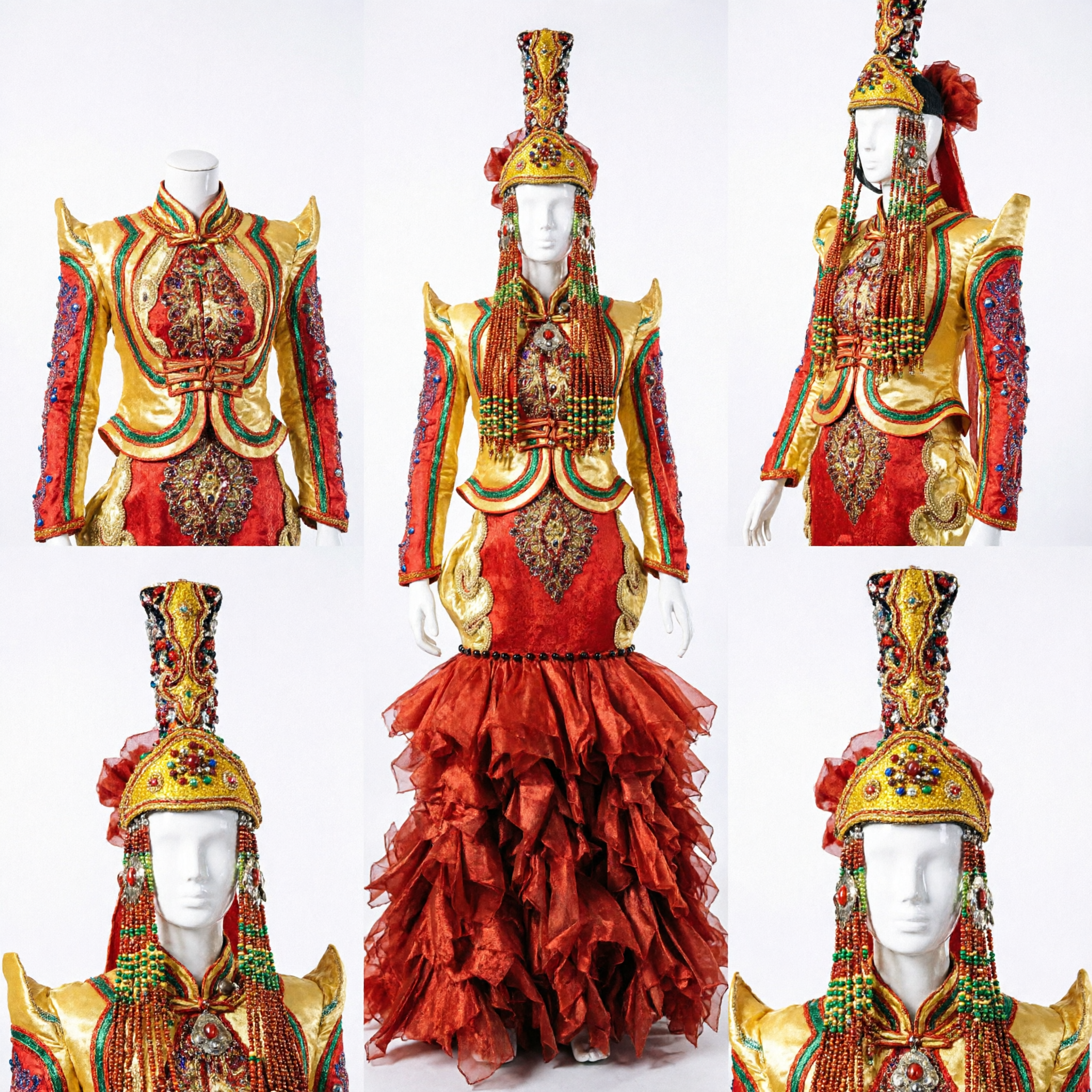 Traje de Dança Folclórica Tradicional Mongol para Mulheres, Vestido Bordado Vermelho e Dourado com Adorno de Cabeça para Performance - Asian Costume
