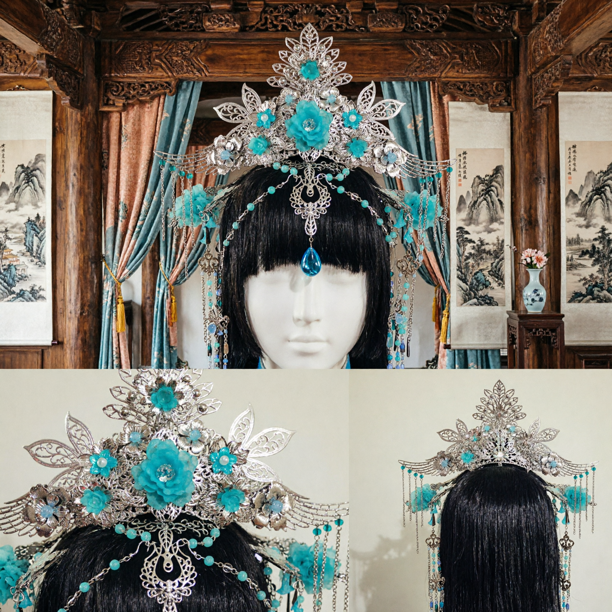 Hairpin Chinês Tradicional Azul Floral Exquisito - Coroa de Fênix Antiga Hanfu para Cabeça de Noiva para Mulheres - Cosplay - Asian Costume