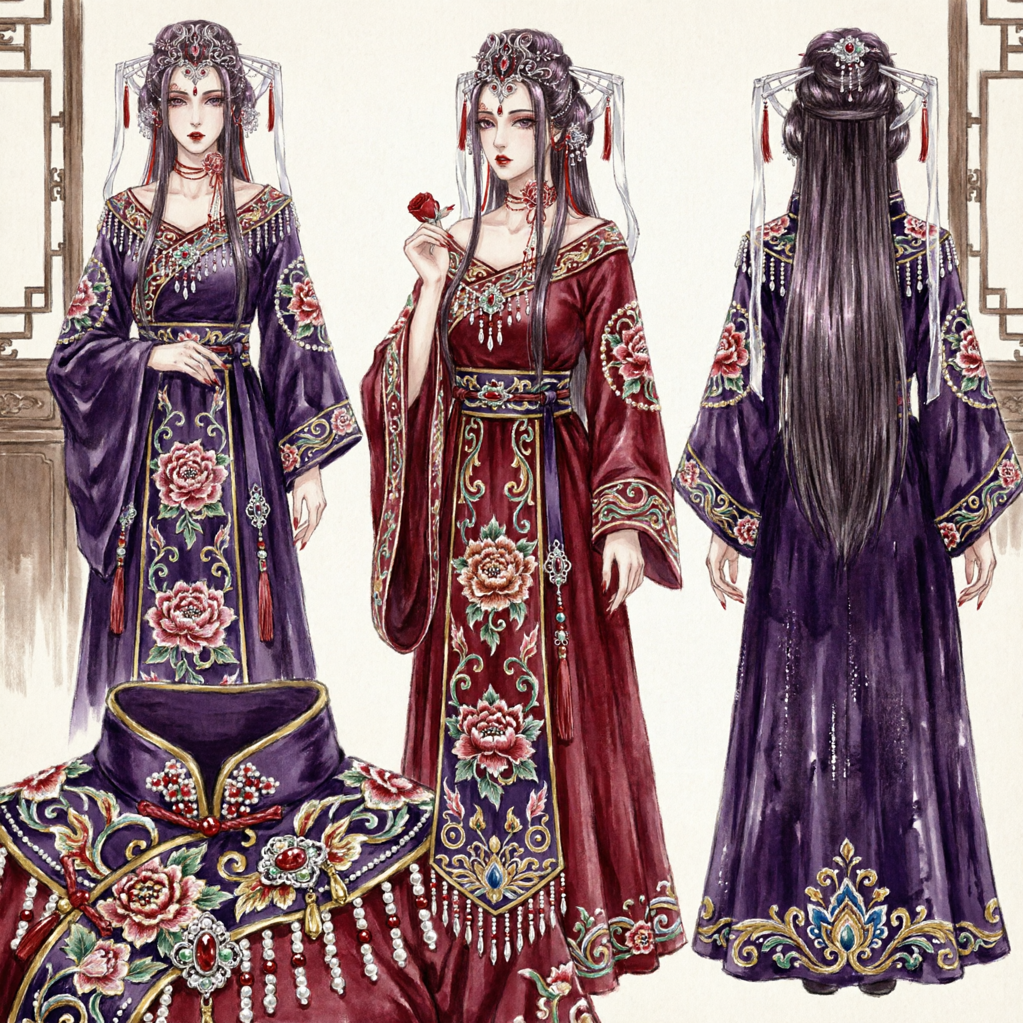 Set Parrucca Viola da Dea Xianxia Cinese Antica e Elaborato Diadema Argentato per Donne Cosplay Hanfu - Asian Costume