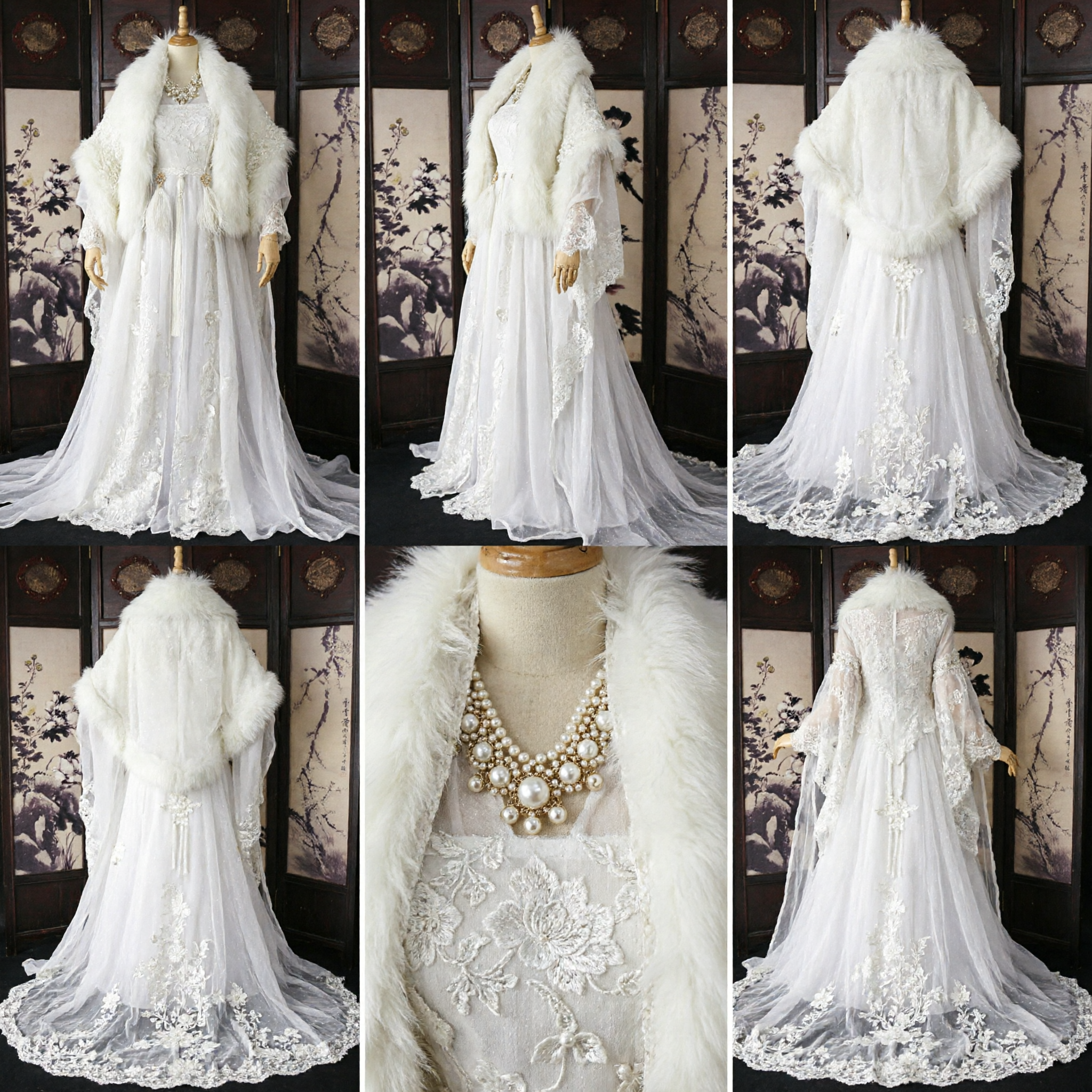 우아한 흰색 전통 중국 한푸 드레스 퍼 망토 고대 공주 겨울 의상 여성용 - Asian Costume