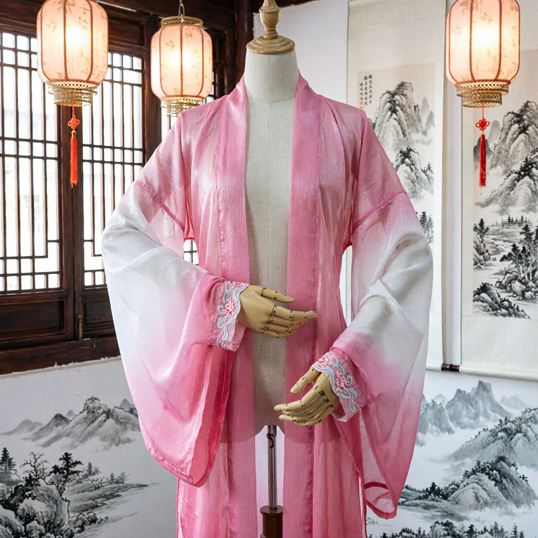 Mangas de Água em Chiffon Gradiente Rosa e Branco Chinês Tradicional - Acessórios para Dança Clássica e Traje de Ópera de Pequim - Asian Costume