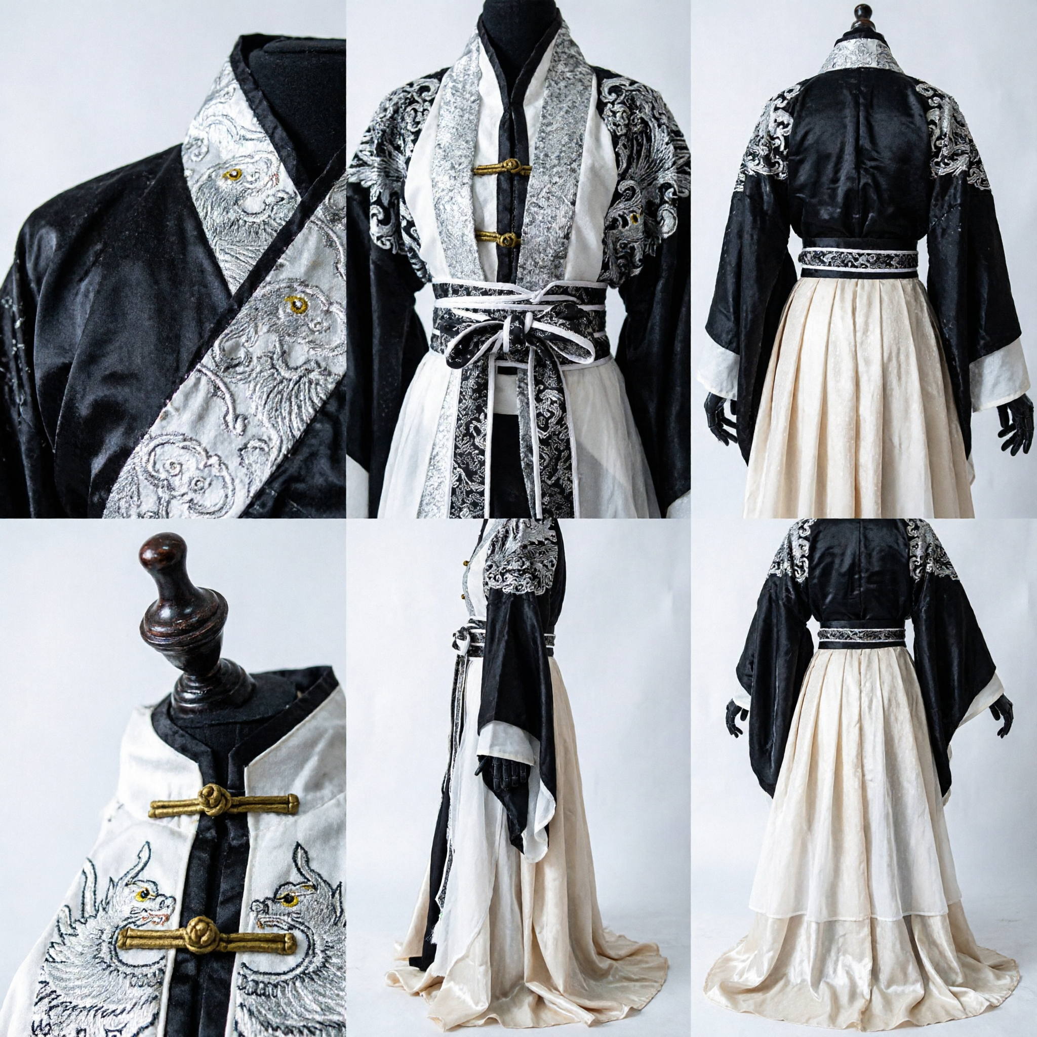 Costume Hanfu per Uomini Cinese Tradizionale Nero e Bianco Abito da Spadaccino Wuxia Antico per Spettacolo sul Palco - Asian Costume