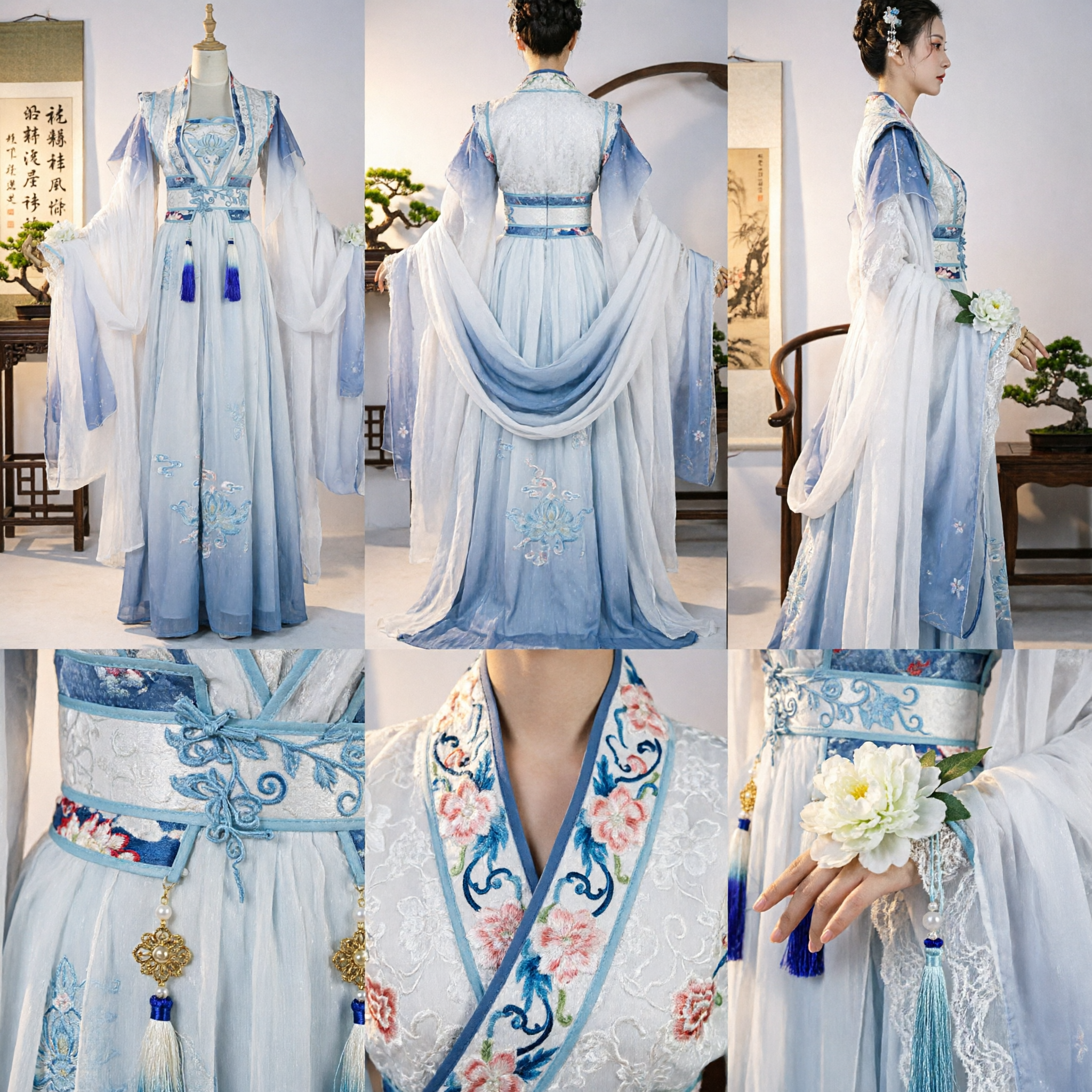 Elegant Blauw en Wit Chinese Hanfu Jurken Traditioneel Geborduurd Oud Fee Kostuum voor Vrouwen Cosplay - Asian Costume