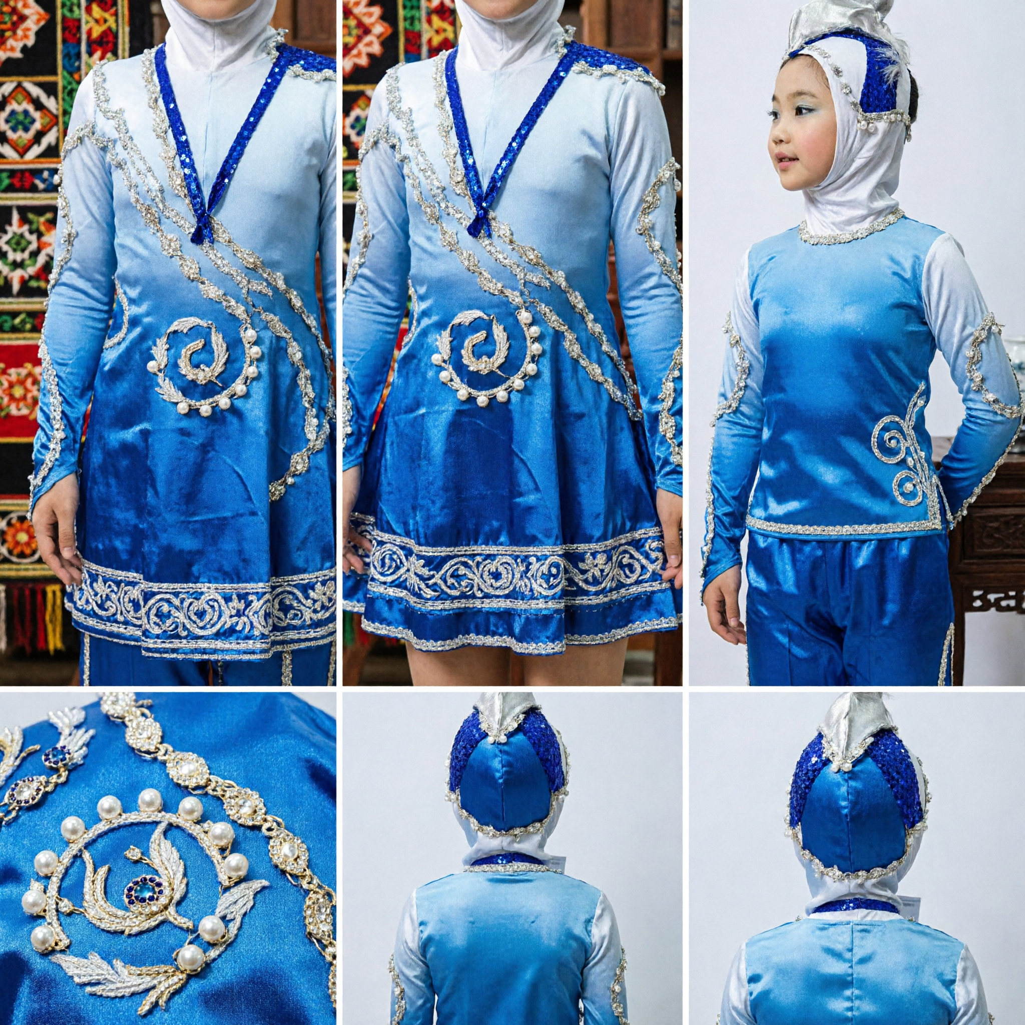 Conjunto de Traje de Dança no Palco Azul e Prata com Lantejoulas para Meninas com Adereço de Cabeça Hijab Combinando para Performance Cultural - Asian Costume