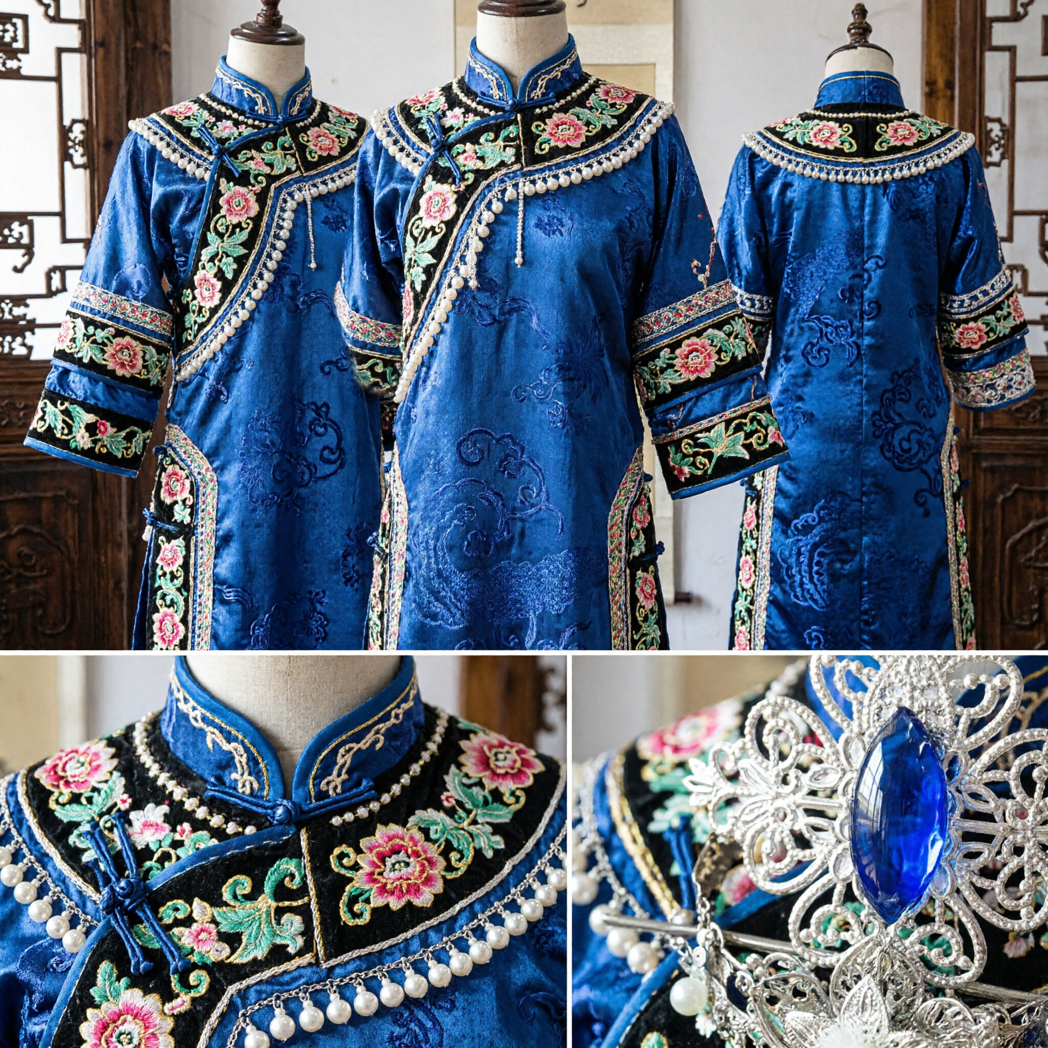 Wyszukana tradycyjna chińska srebrna spinka do włosów z niebieskim kryształem i perłami do akcesoriów ślubnych Hanfu - Asian Costume