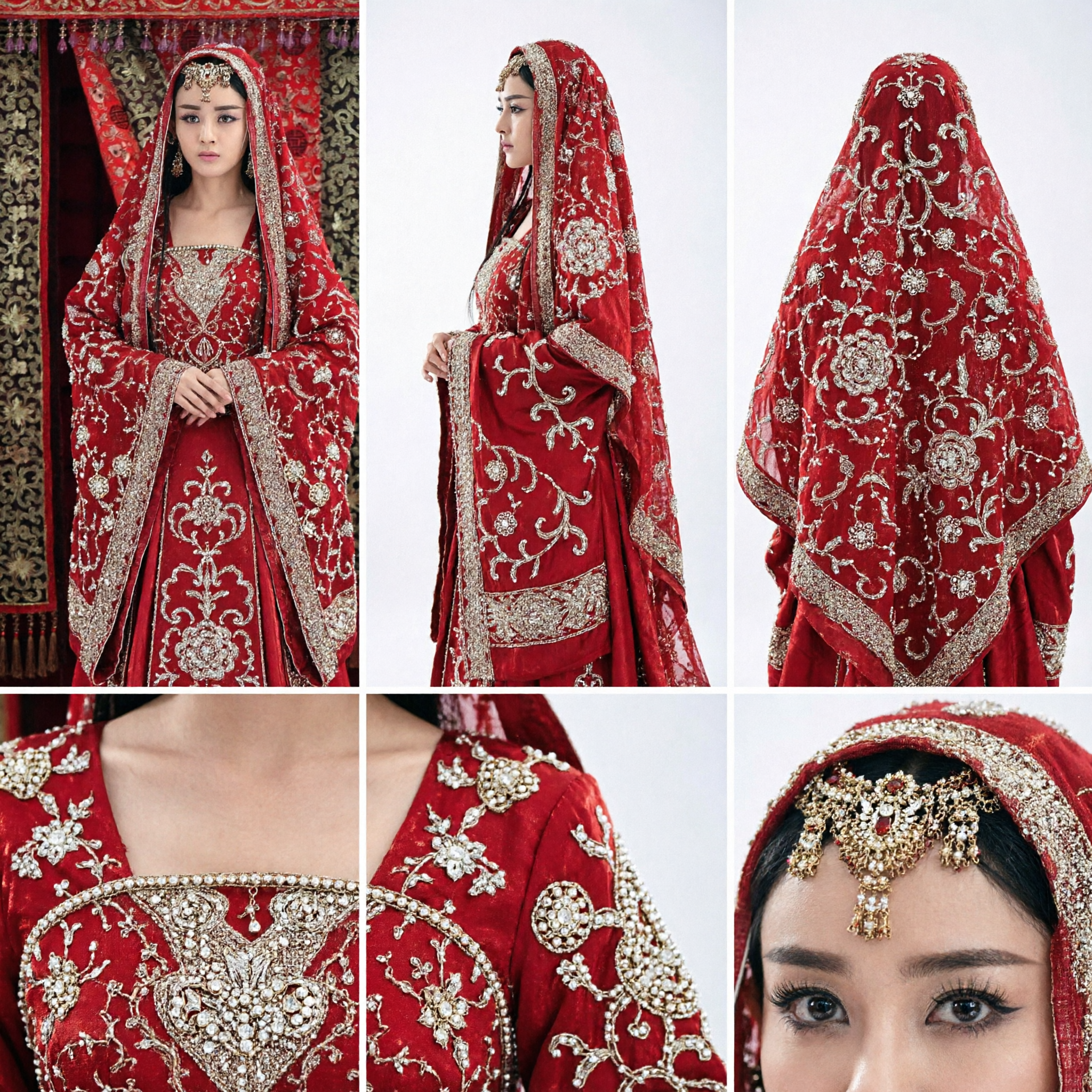 Fantasia de Casamento Chinês Antigo Hanfu Vermelha com Véu e Acessório de Cabeça Bordados para Cosplay de Drama Histórico Feminino - Asian Costume