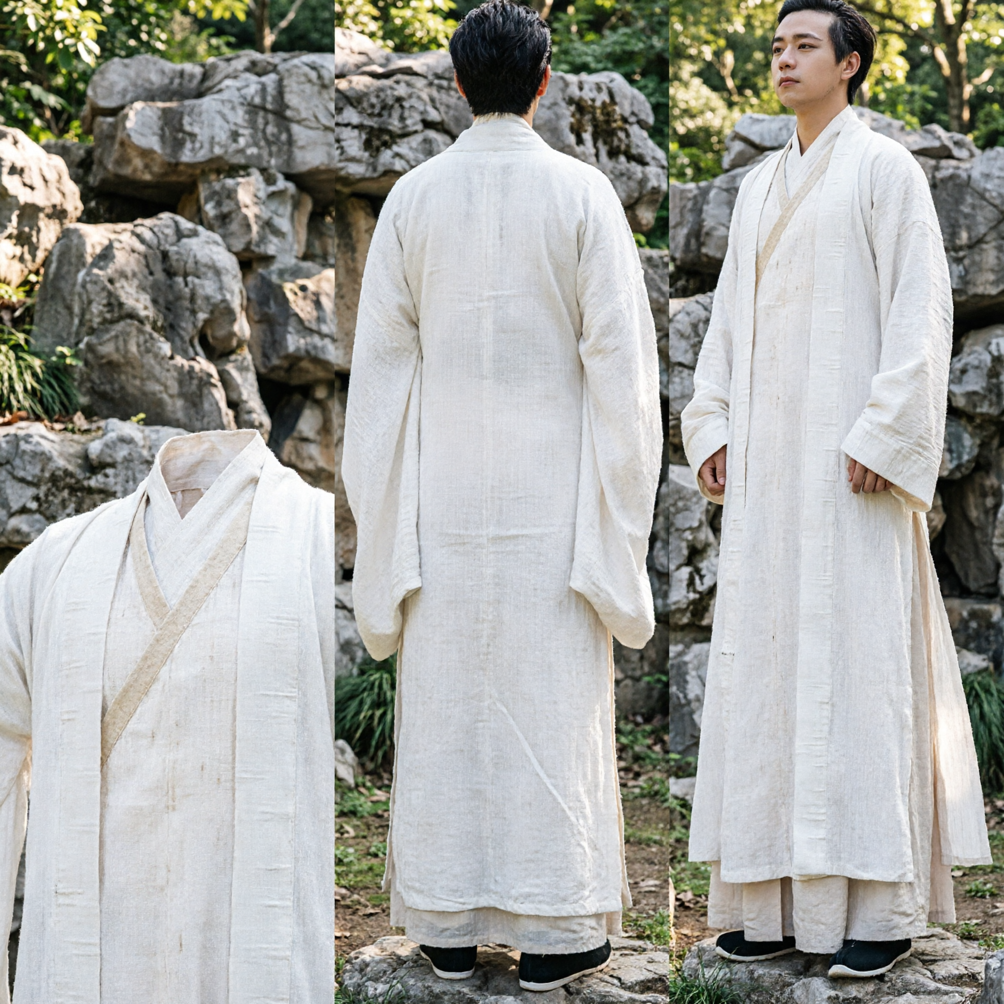 Fantasia Masculina Chinesa Antiga Hanfu, Manto Branco de Linho, Traje Tradicional de Estudioso para Cosplay e Performance - Asian Costume