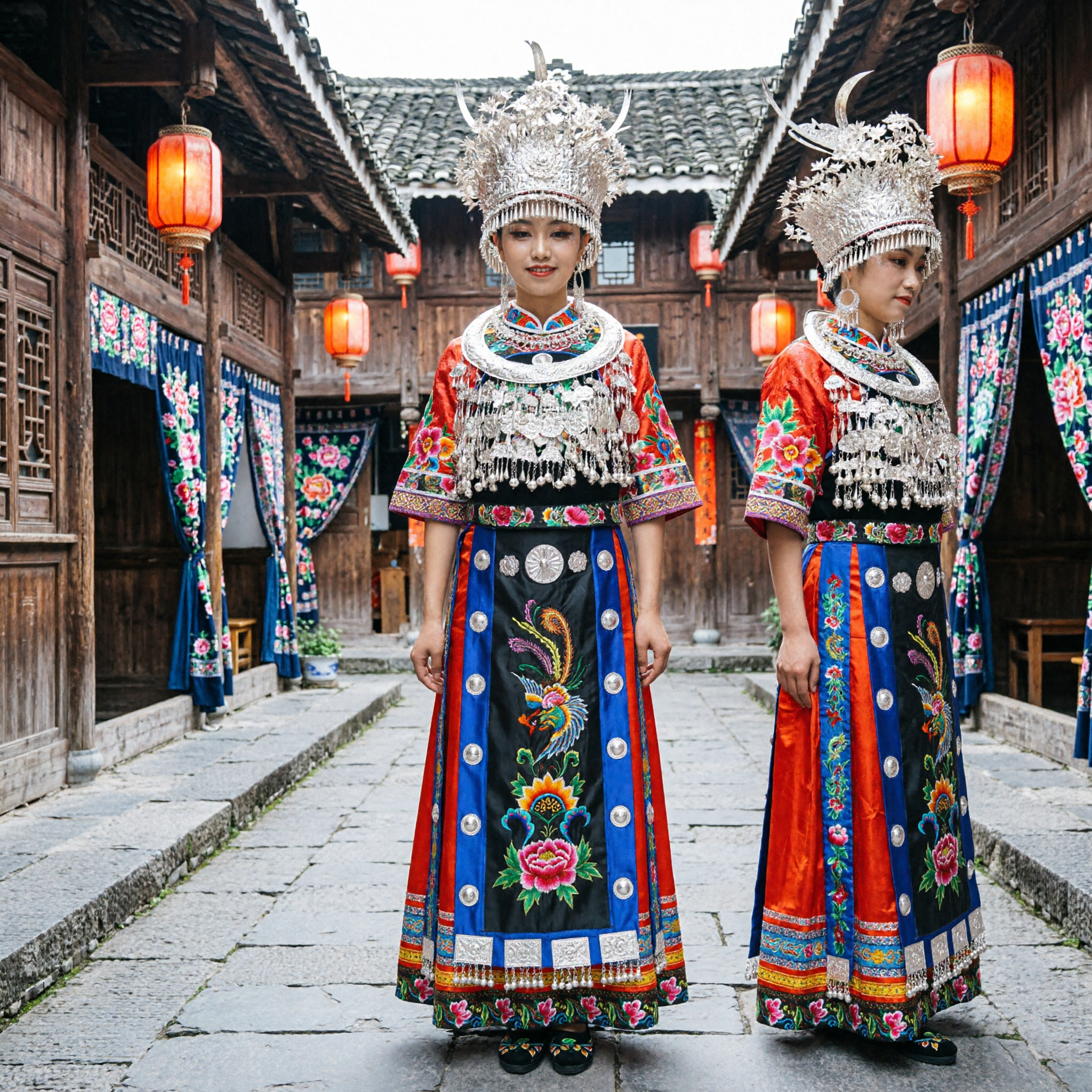 Tradycyjny chiński kostium etniczny Miao dla kobiet, srebrne nakrycie głowy, haftowana suknia, strój do występów tańca ludowego - Asian Costume