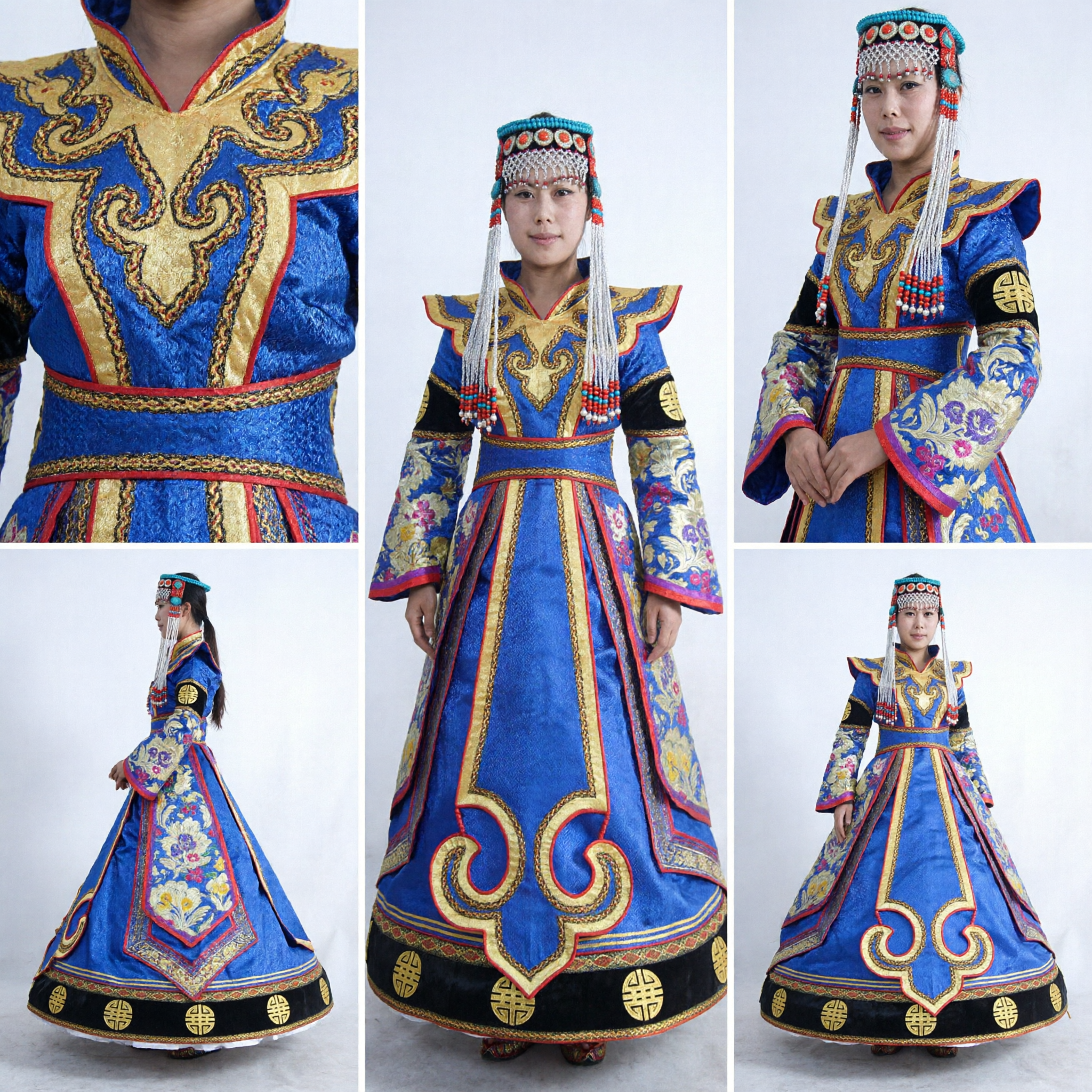 Costume etnico mongolo tradizionale per donna, veste blu con cappello ricamato per danza folk e spettacoli - Asian Costume