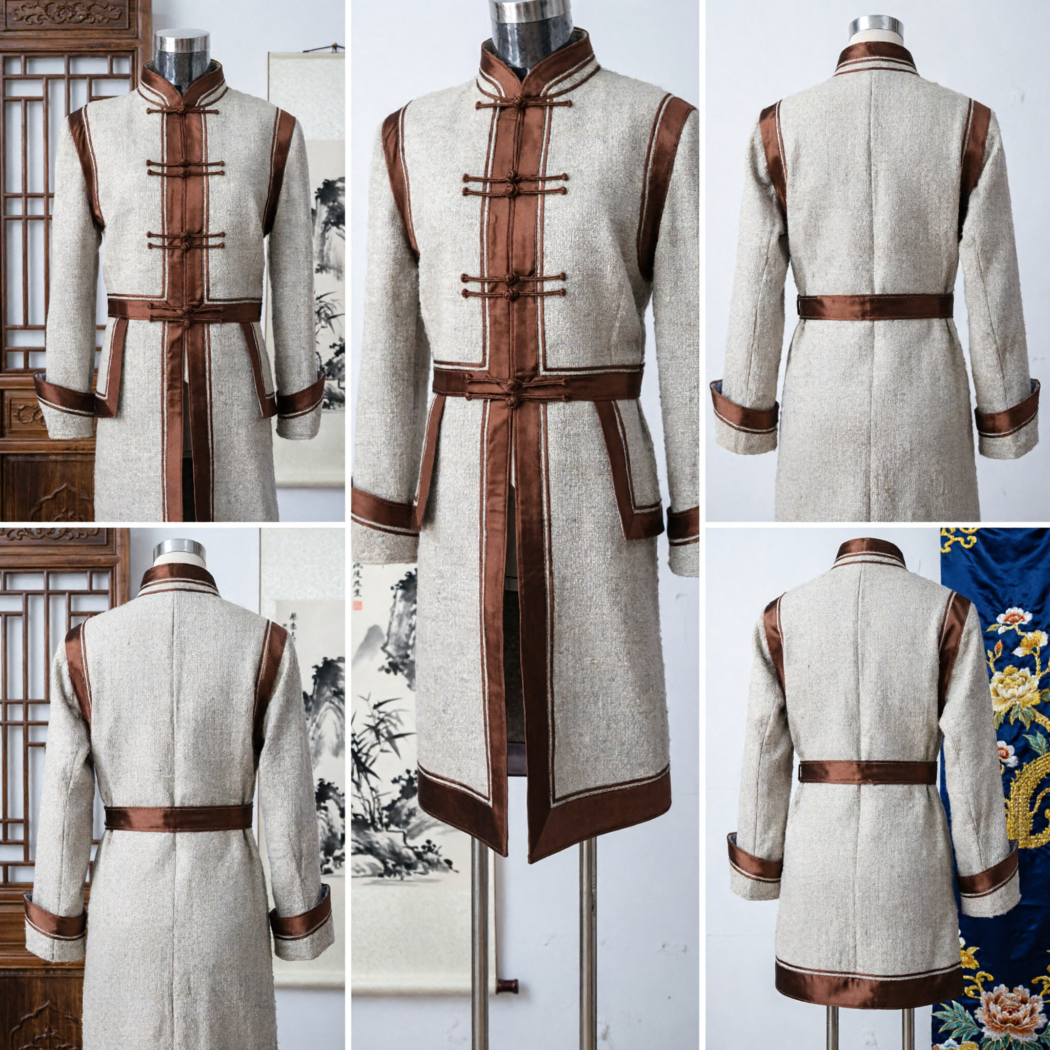 رداء منغولي صيني تقليدي بيج - زي كونغ فو للرجال ملابس عرقية للعروض والمهرجانات - Asian Costume