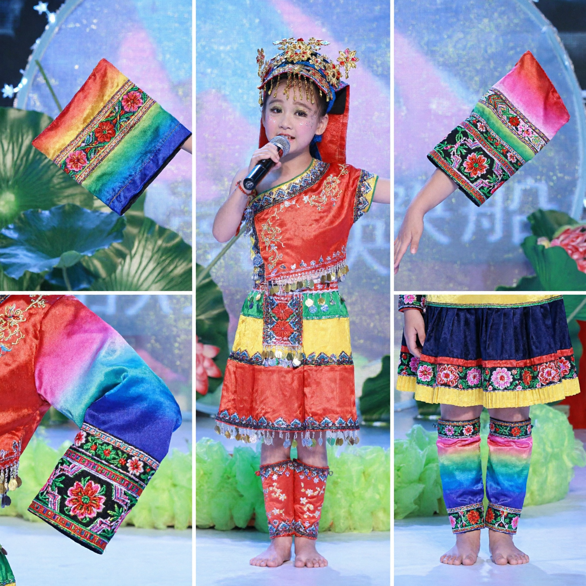 Traje de Danza Tradicional de Minoría Étnica China para Niñas, Vestido de Presentación Folclórica, Atuendo Cultural para Escenario - Asian Costume