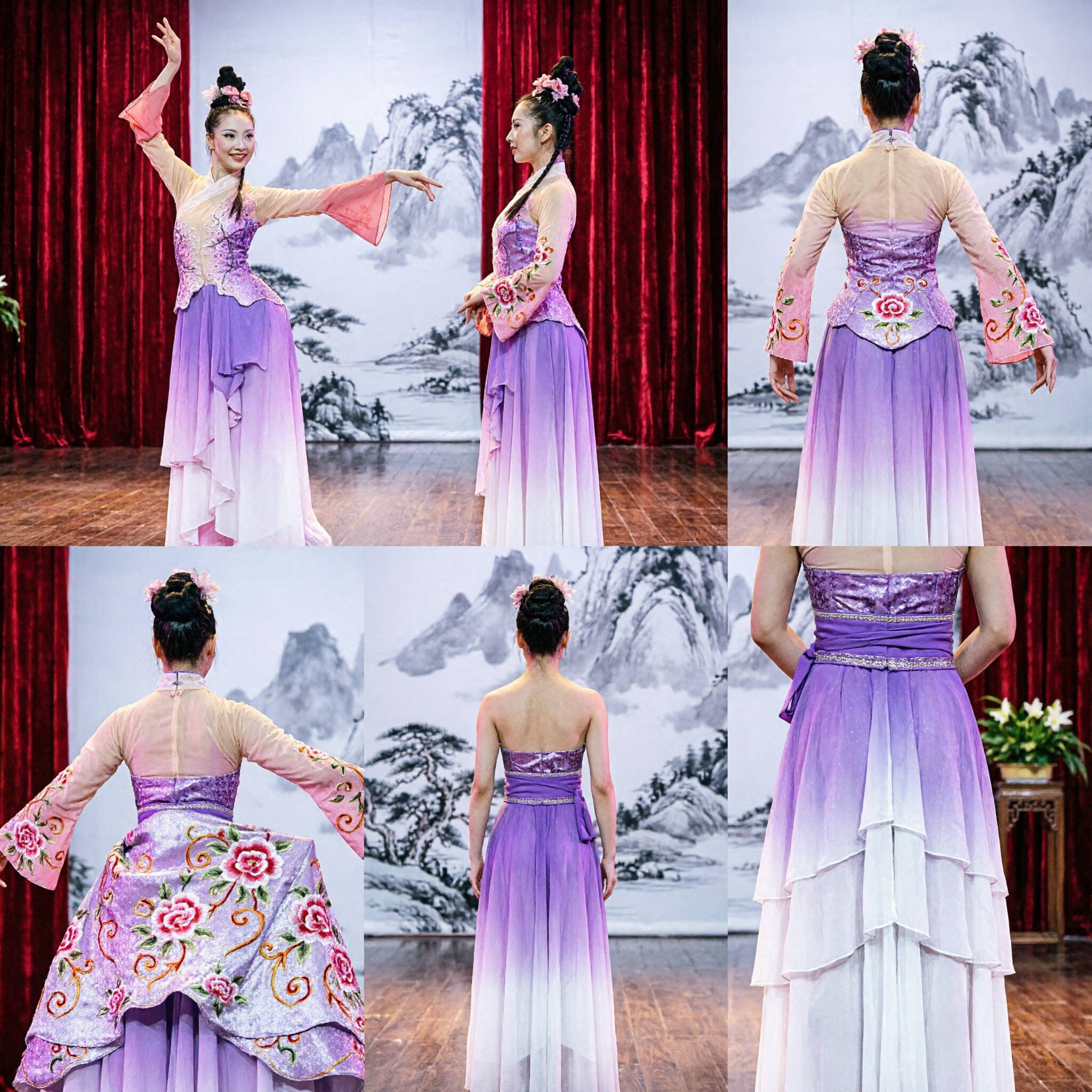 Elegant paars en roze verloop Chinese klassiek danskostuum met watersleeves voor vrouwen voor podiumoptredens - Asian Costume
