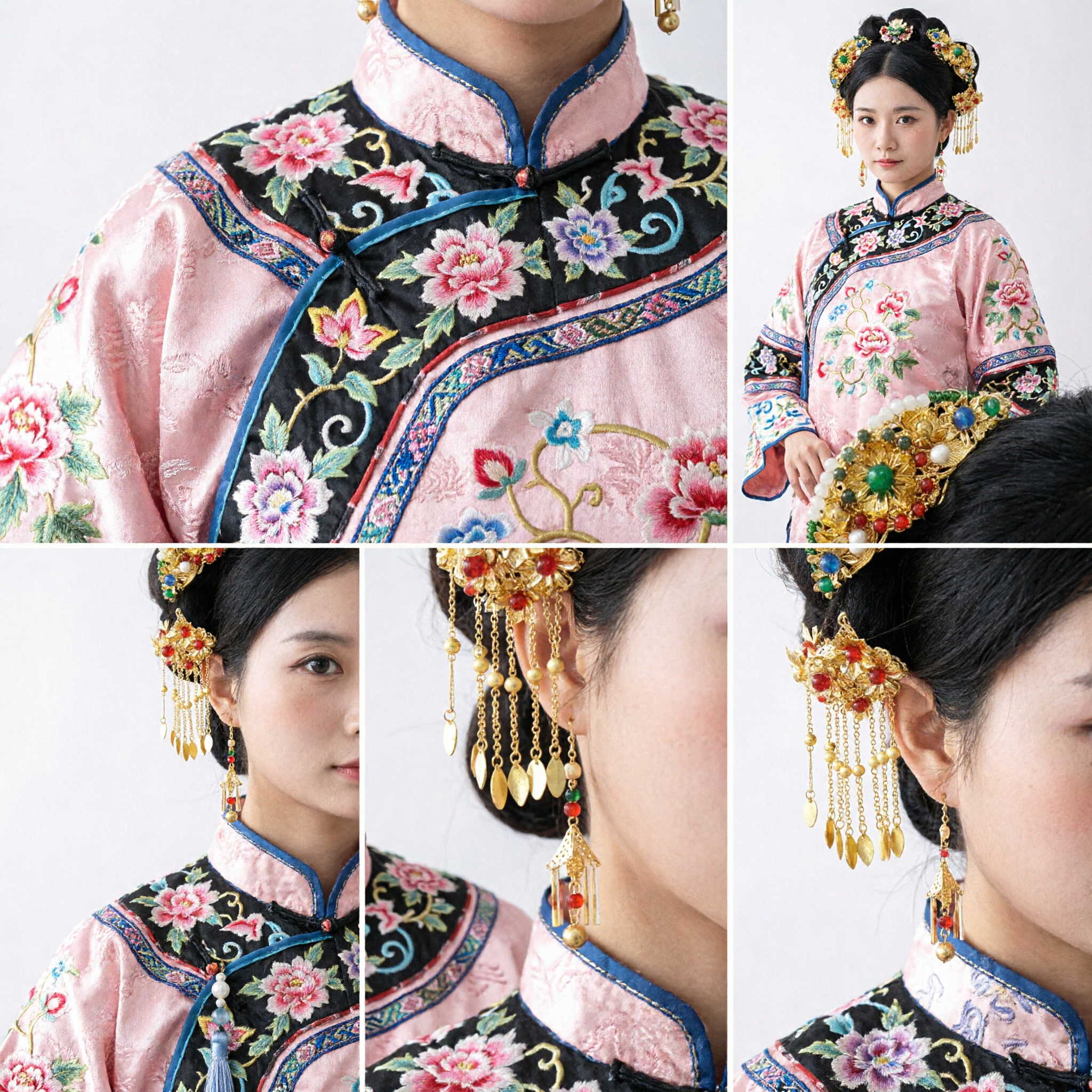 Wyszukany zestaw grzebieni do włosów ze złotymi kwiatami i chwostami – tradycyjne chińskie nakrycie głowy Hanfu dla kobiet na ślub i cosplay - Asian Costume